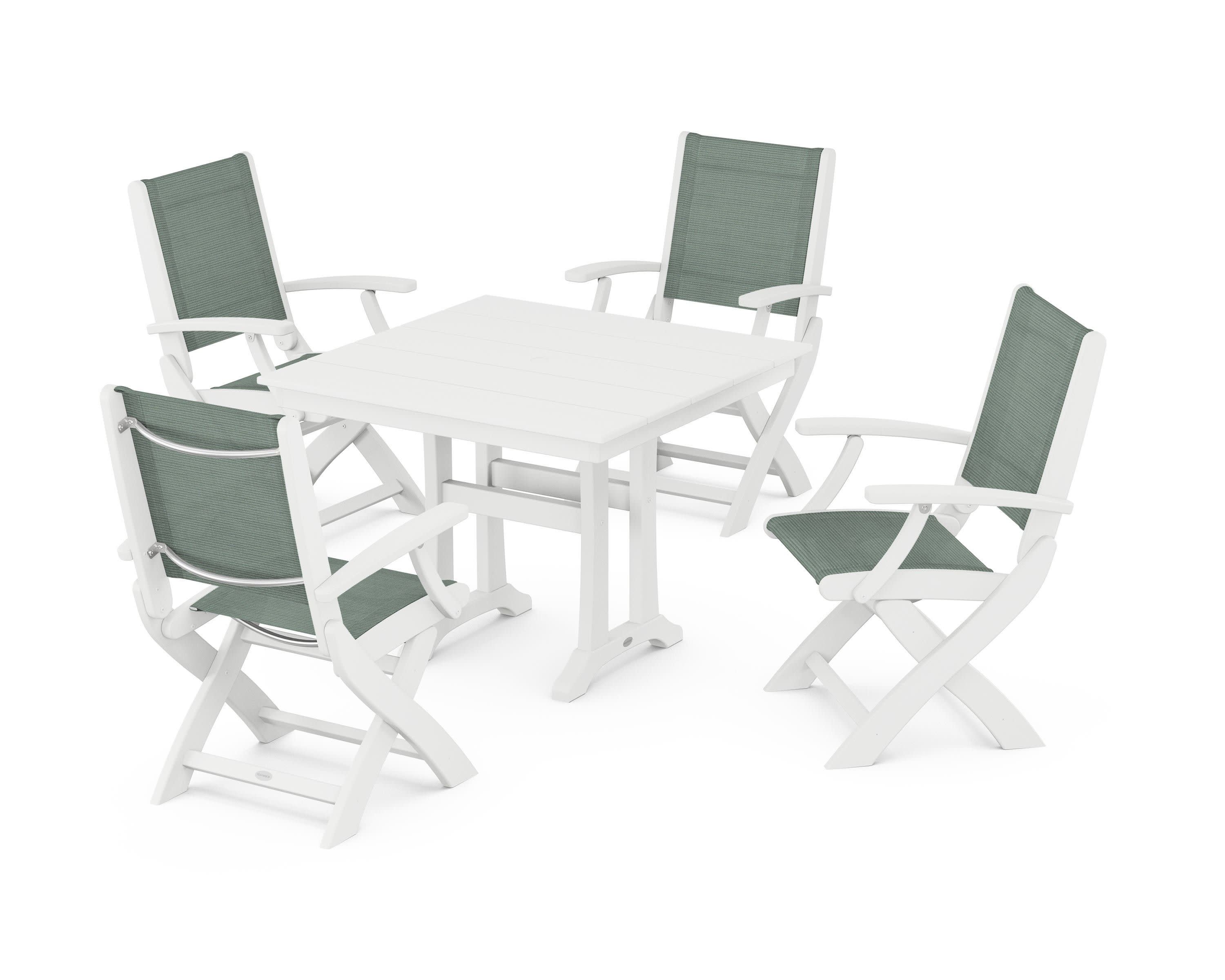 Coastal Folding Chair 5-Piece Farmhouse Dining Set With Trestle Legs in White / Dupioni Sea Mist Sling