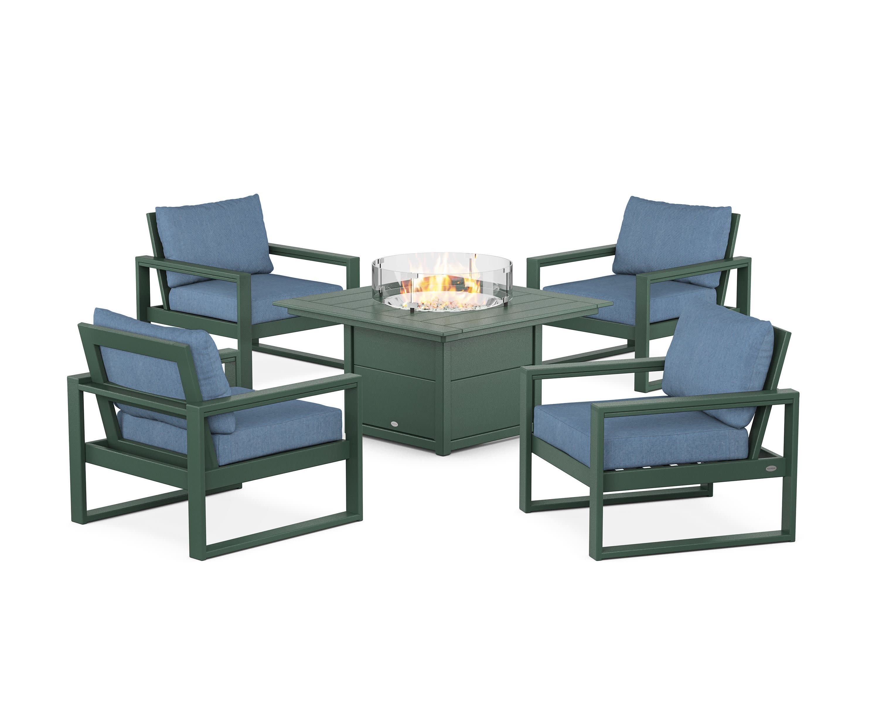 EDGE Sectional 5-Piece Deep Seating Set with Fire Pit Table in Green / Sky Blue