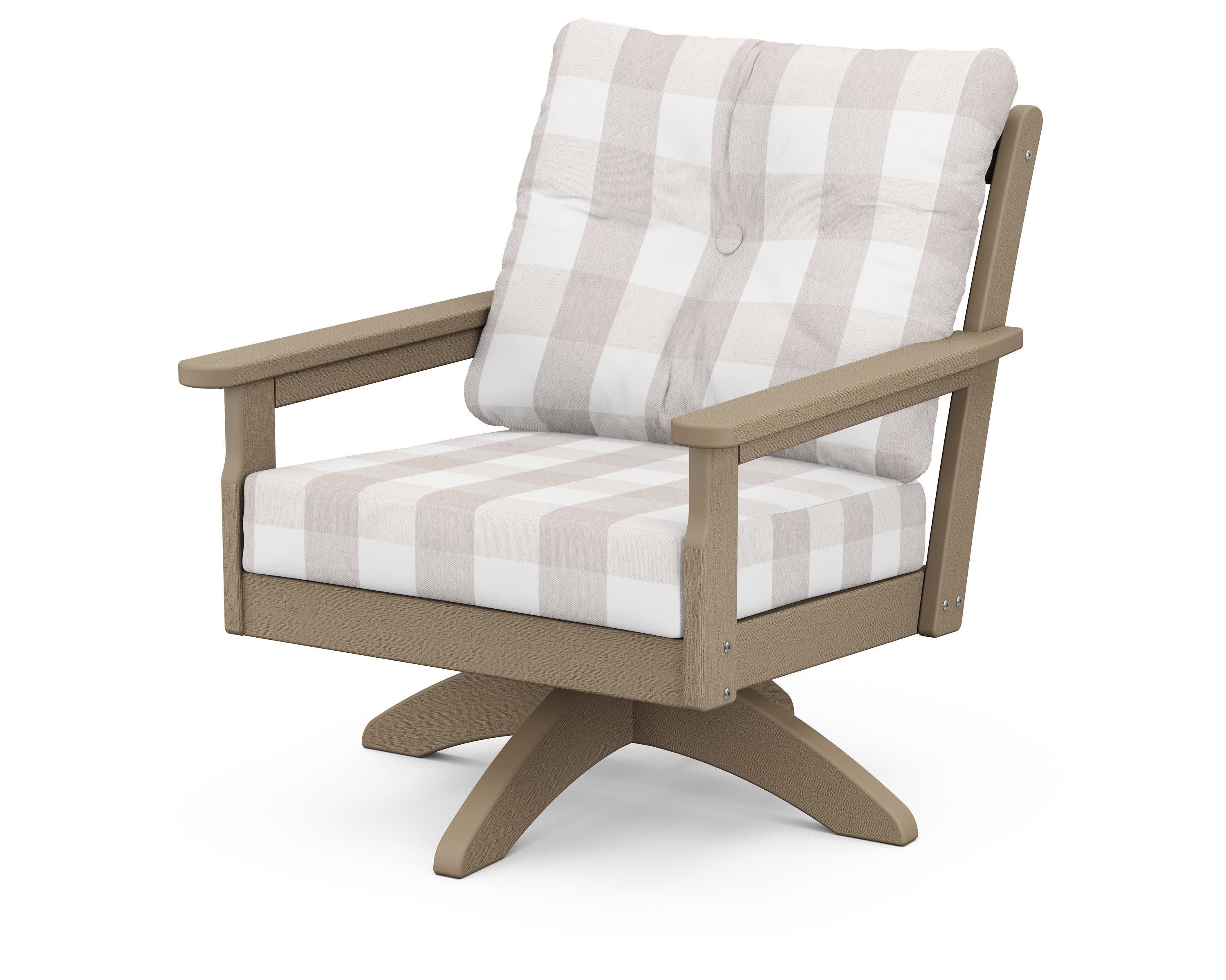 Vineyard Deep Seating Swivel Chair in Vintage Sahara / Buffalo Plaid Dune Burlap