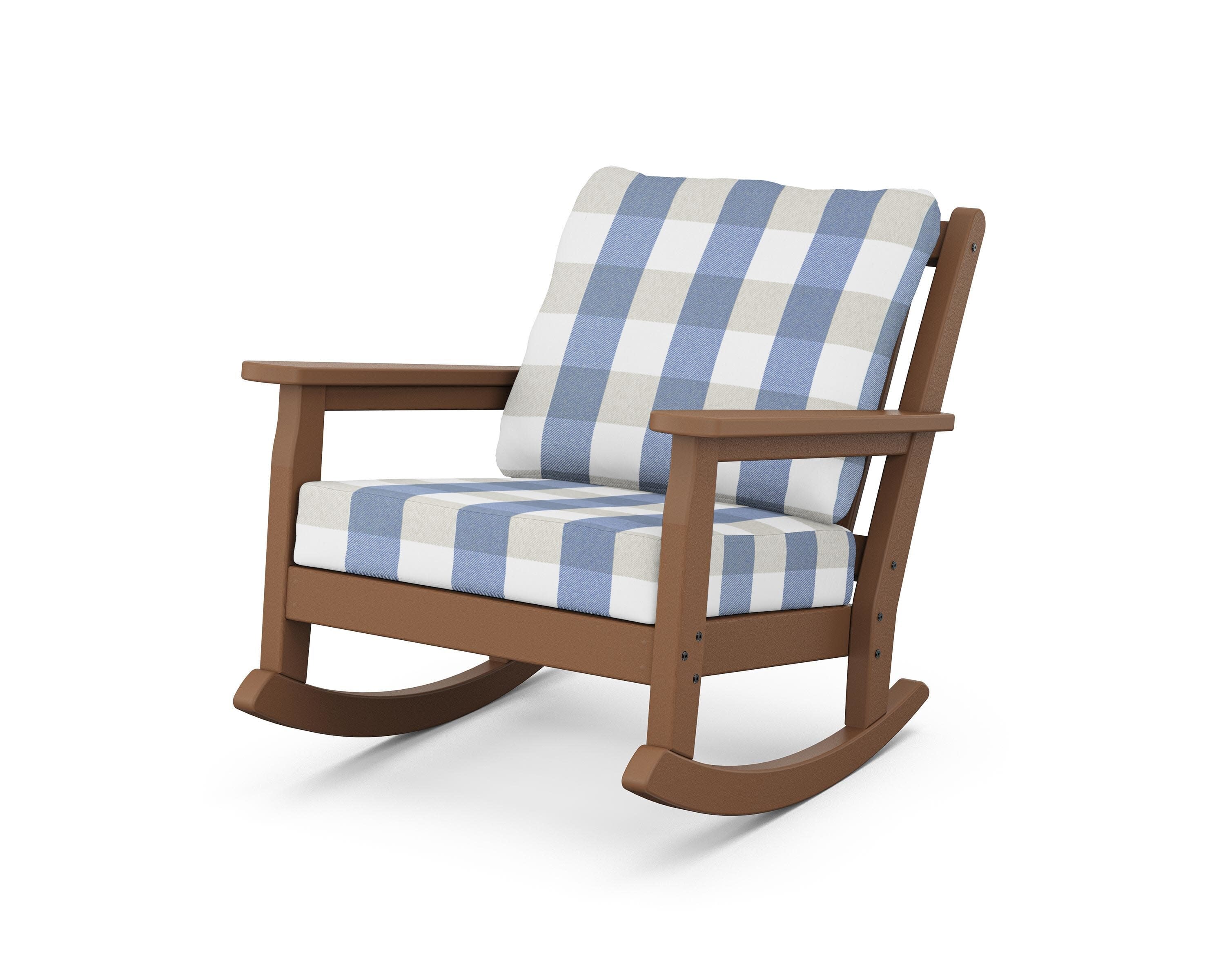 Chippendale Deep Seating Rocking Chair in Teak / Buffalo Plaid Sky Blue