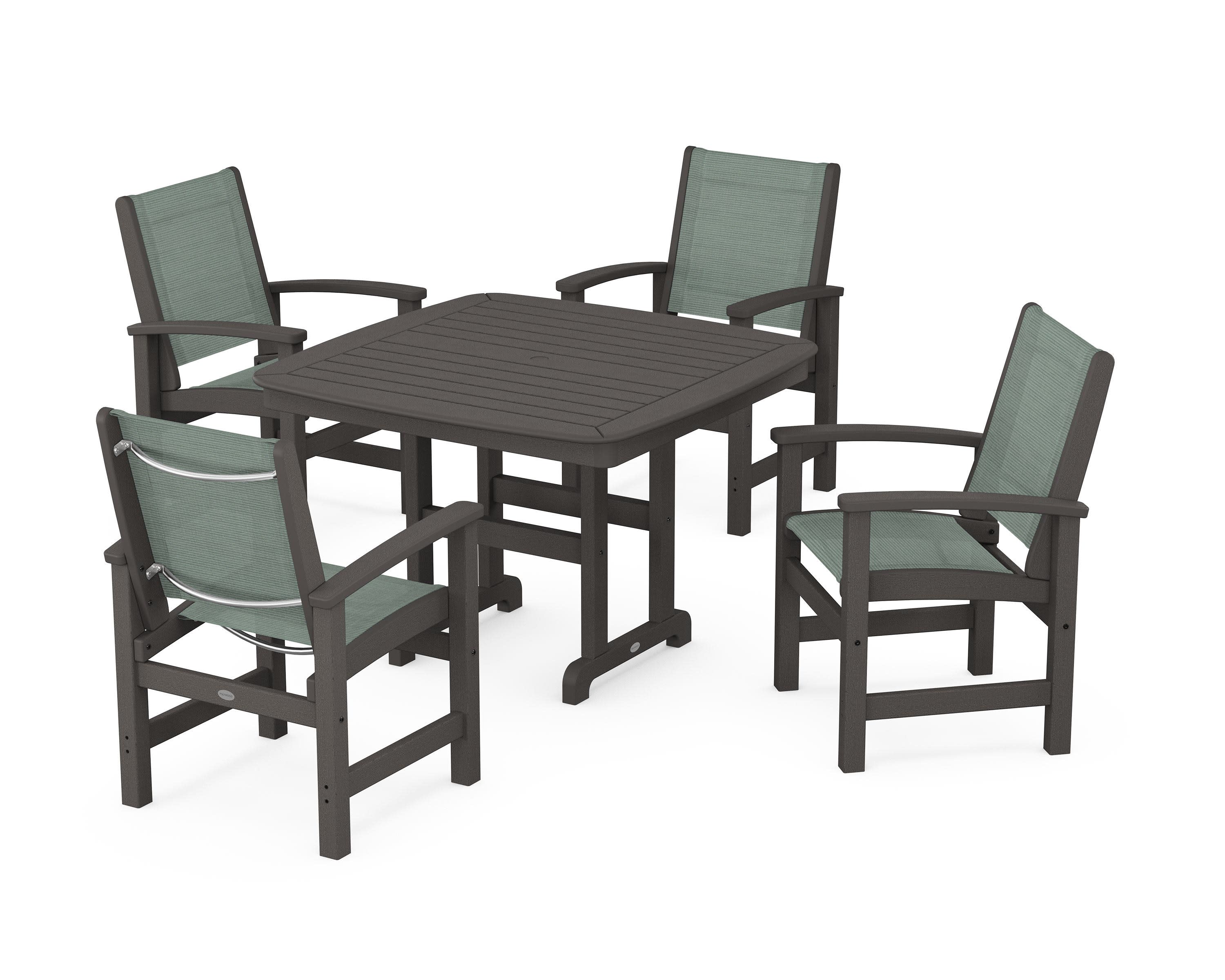 Coastal 5-Piece Dining Set in Vintage Coffee / Dupioni Sea Mist Sling
