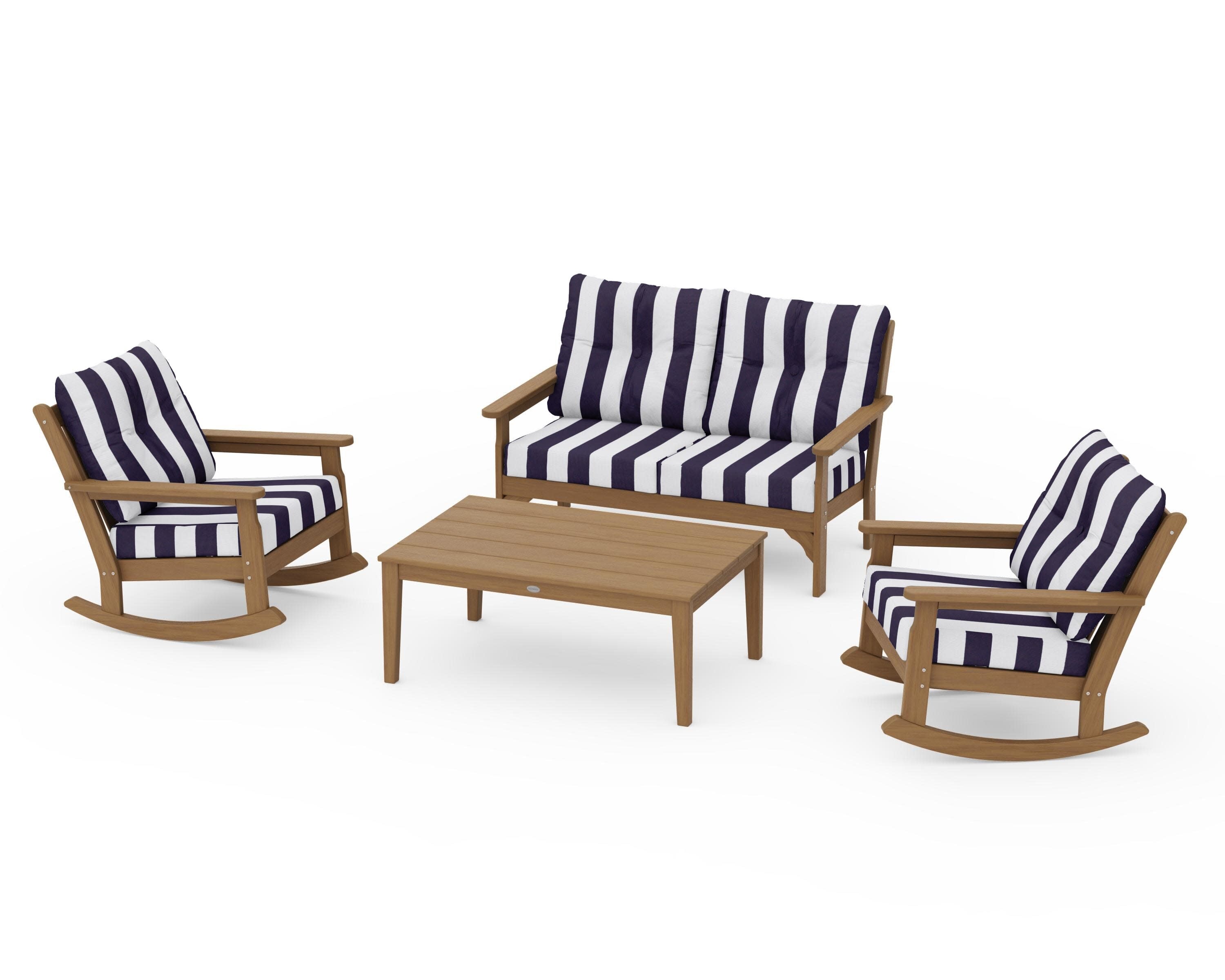 Vineyard 4-Piece Deep Seating Rocking Chair Set in Natural / Cabana Stripe Navy