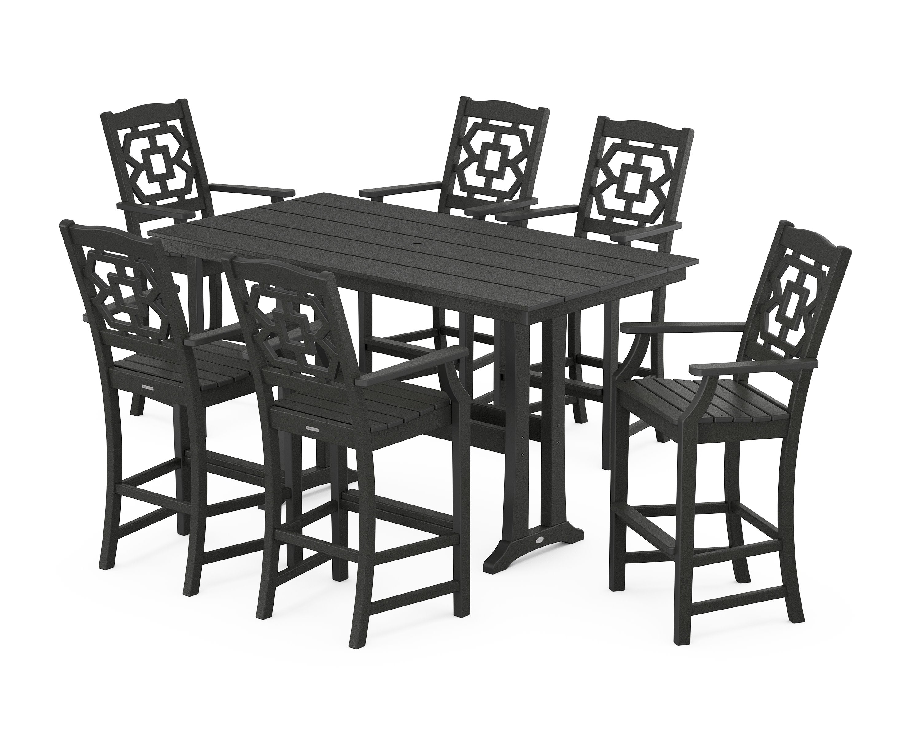 Chinoiserie Arm Chair 7-Piece Farmhouse Bar Set with Trestle Legs in Black