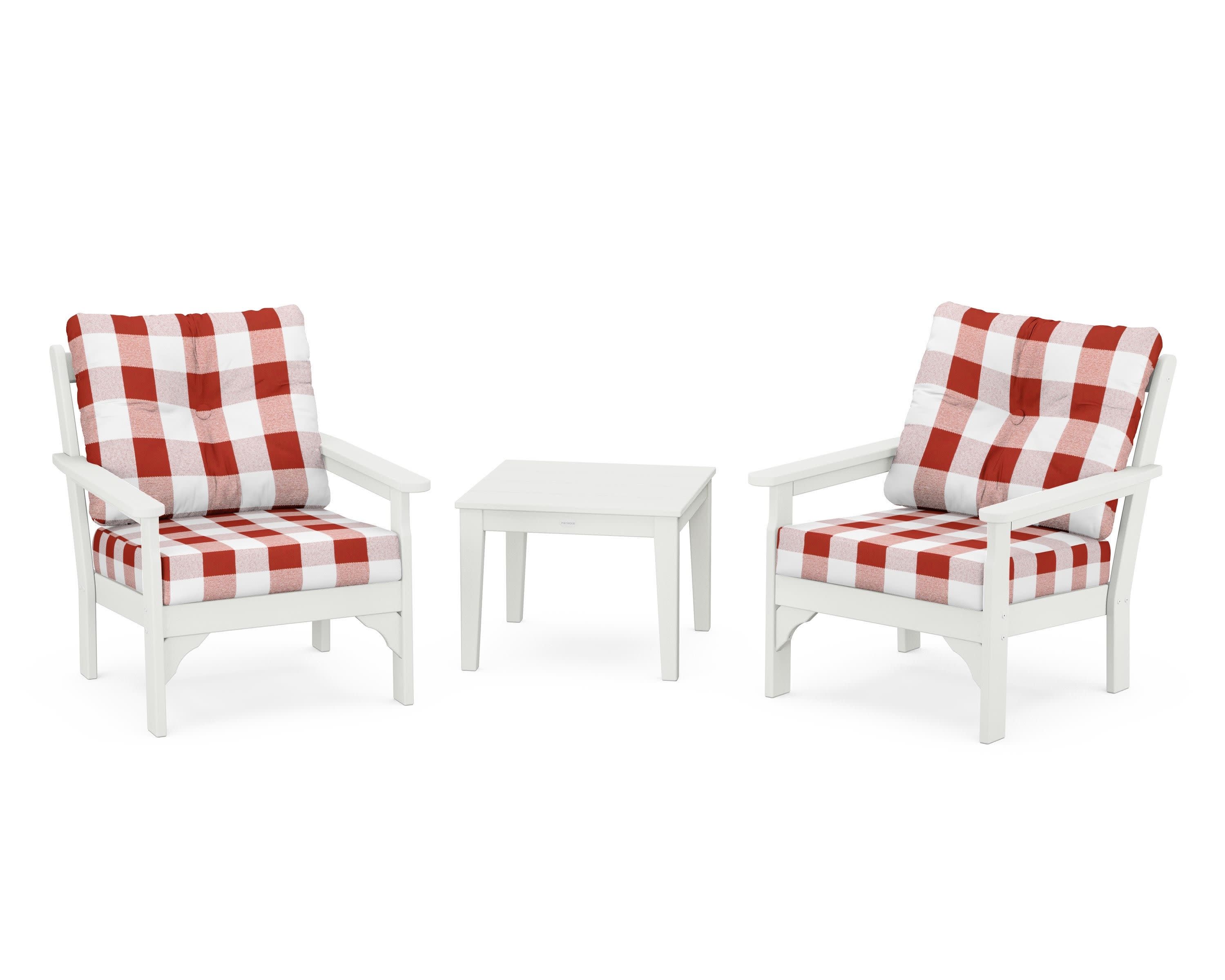 Vineyard 3-Piece Deep Seating Set in Vintage White / Buffalo Plaid Crimson
