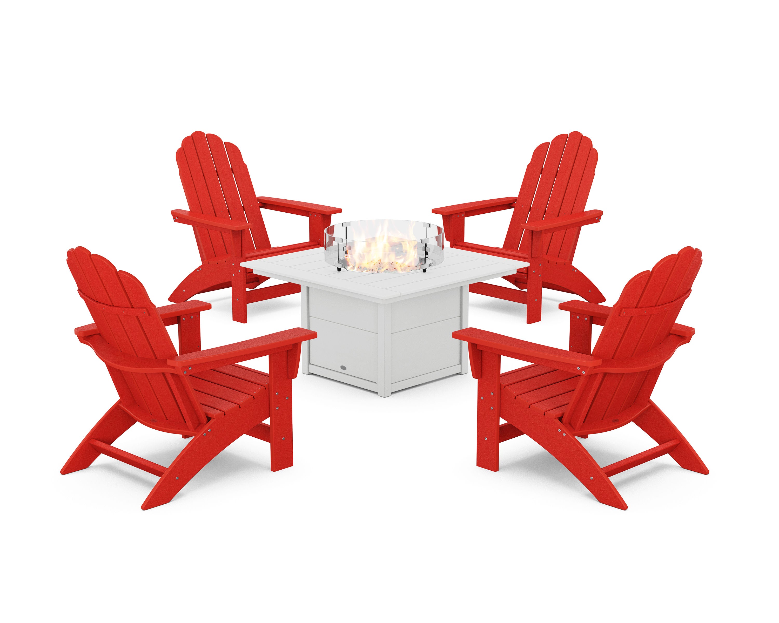 5-Piece Vineyard Grand Adirondack Conversation Set with Fire Pit Table in Sunset Red / White