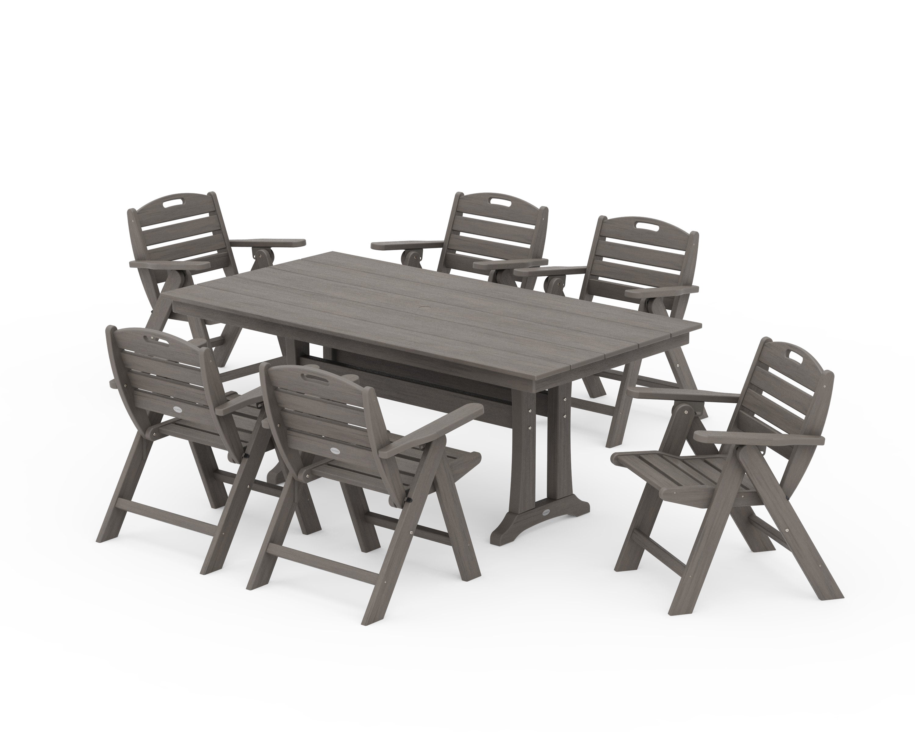 Nautical Lowback 7-Piece Farmhouse Dining Set with Trestle Legs in Driftwood