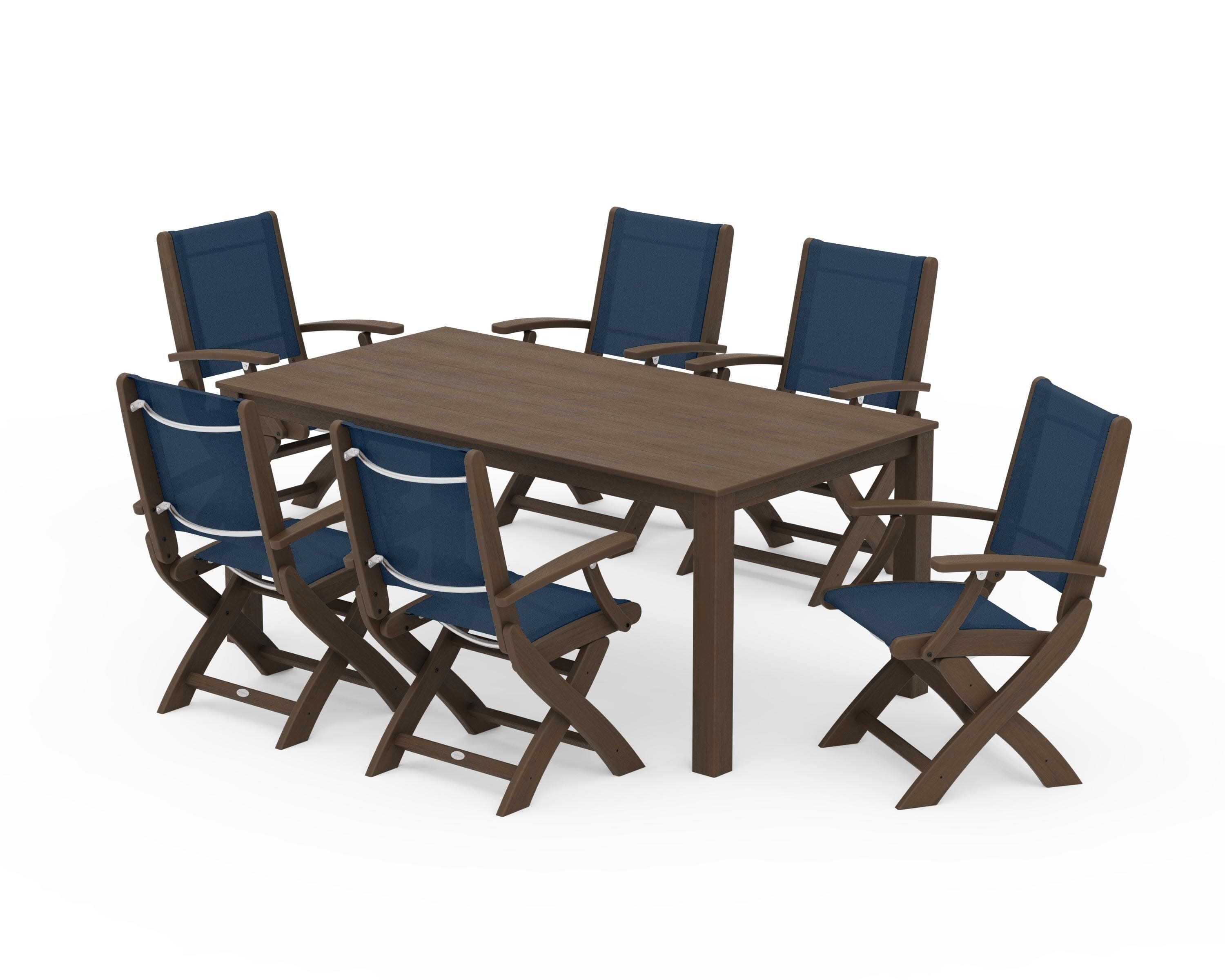 Coastal Folding Chair 7-Piece Parsons Dining Set in Kona / Navy Blue Sling
