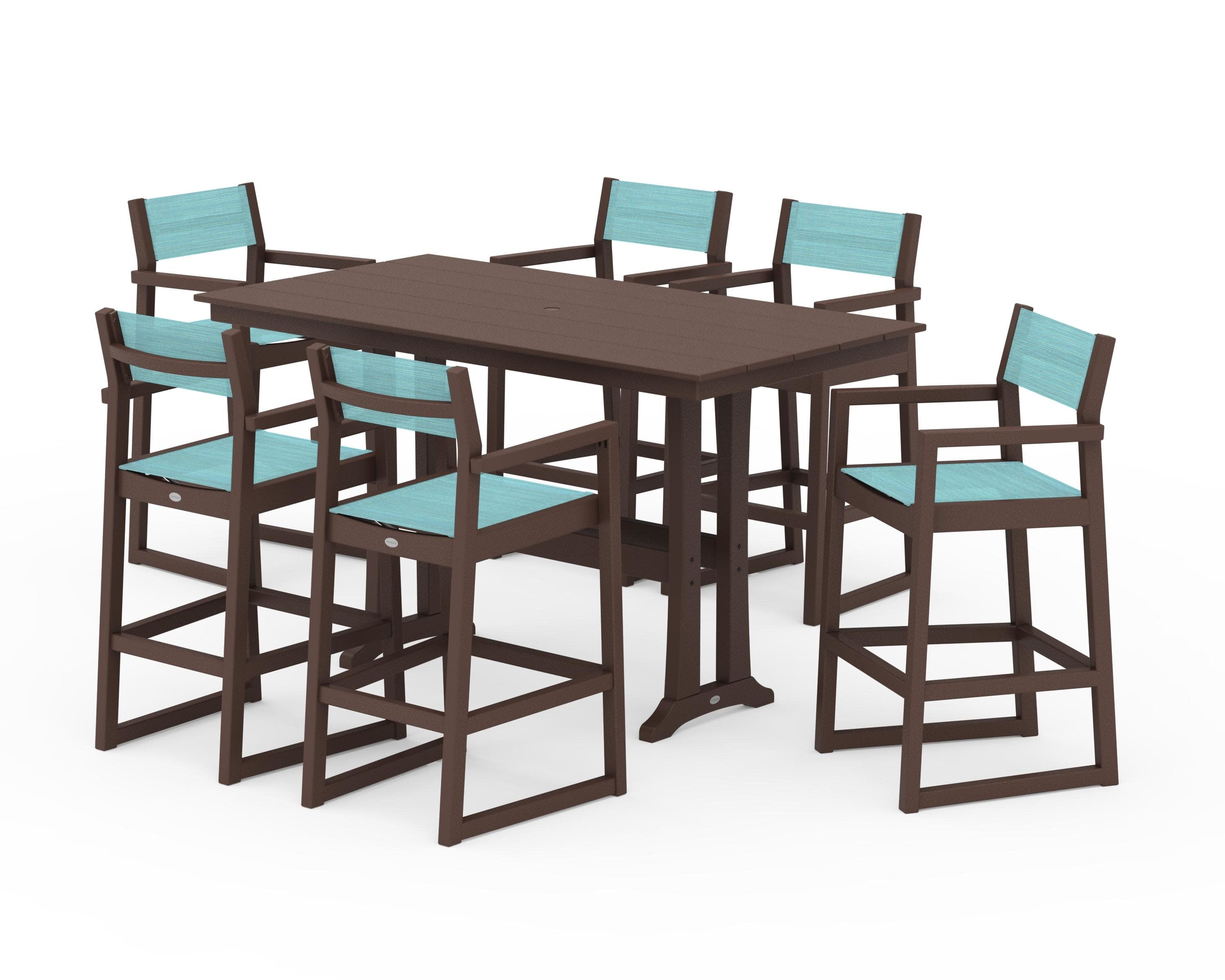 EDGE Sling Arm Chair 7-Piece Farmhouse Bar Set with Trestle Legs in Mahogany / Dupioni Aquamarine Sling