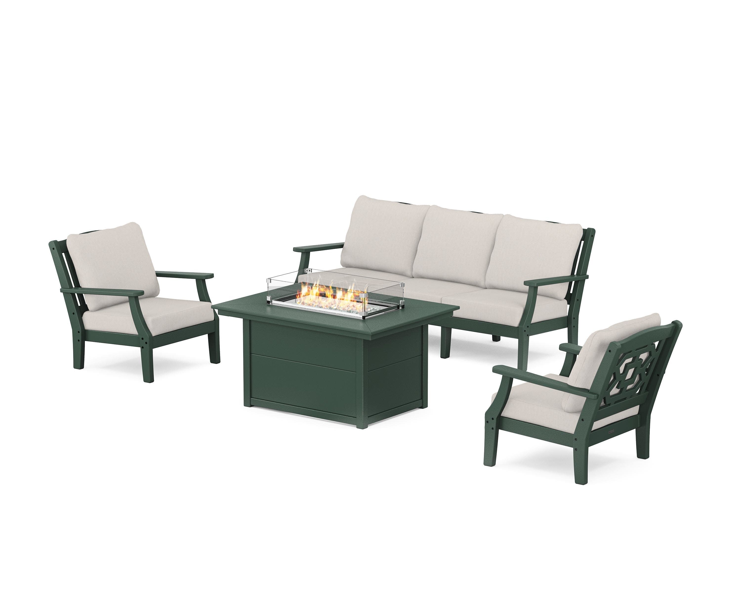 Chinoiserie Deep Seating Fire Pit Table Set in Green / Cast Ash