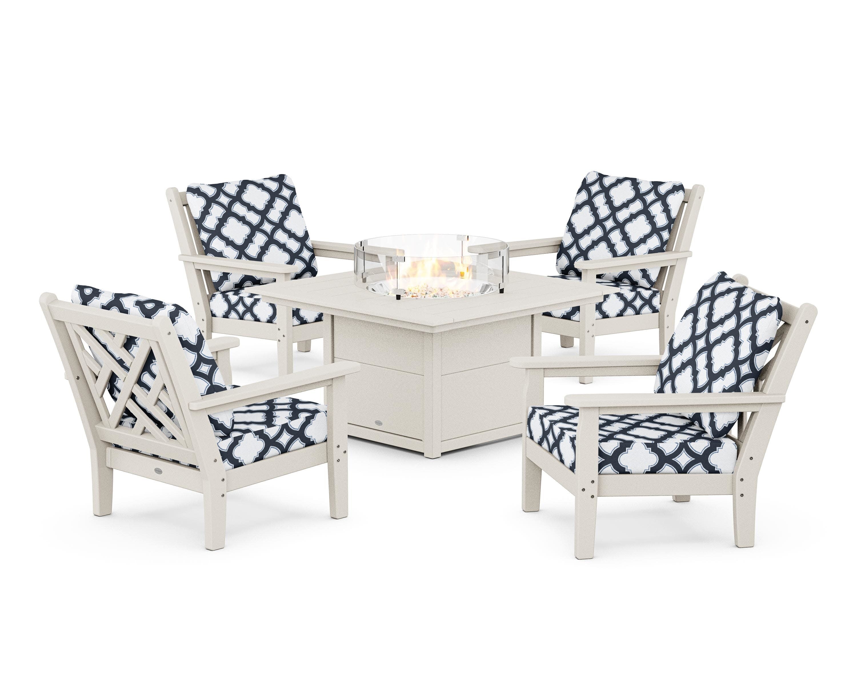 Chippendale 5-Piece Deep Seating Set with Fire Pit Table in Sand / Trellis Marine Indigo