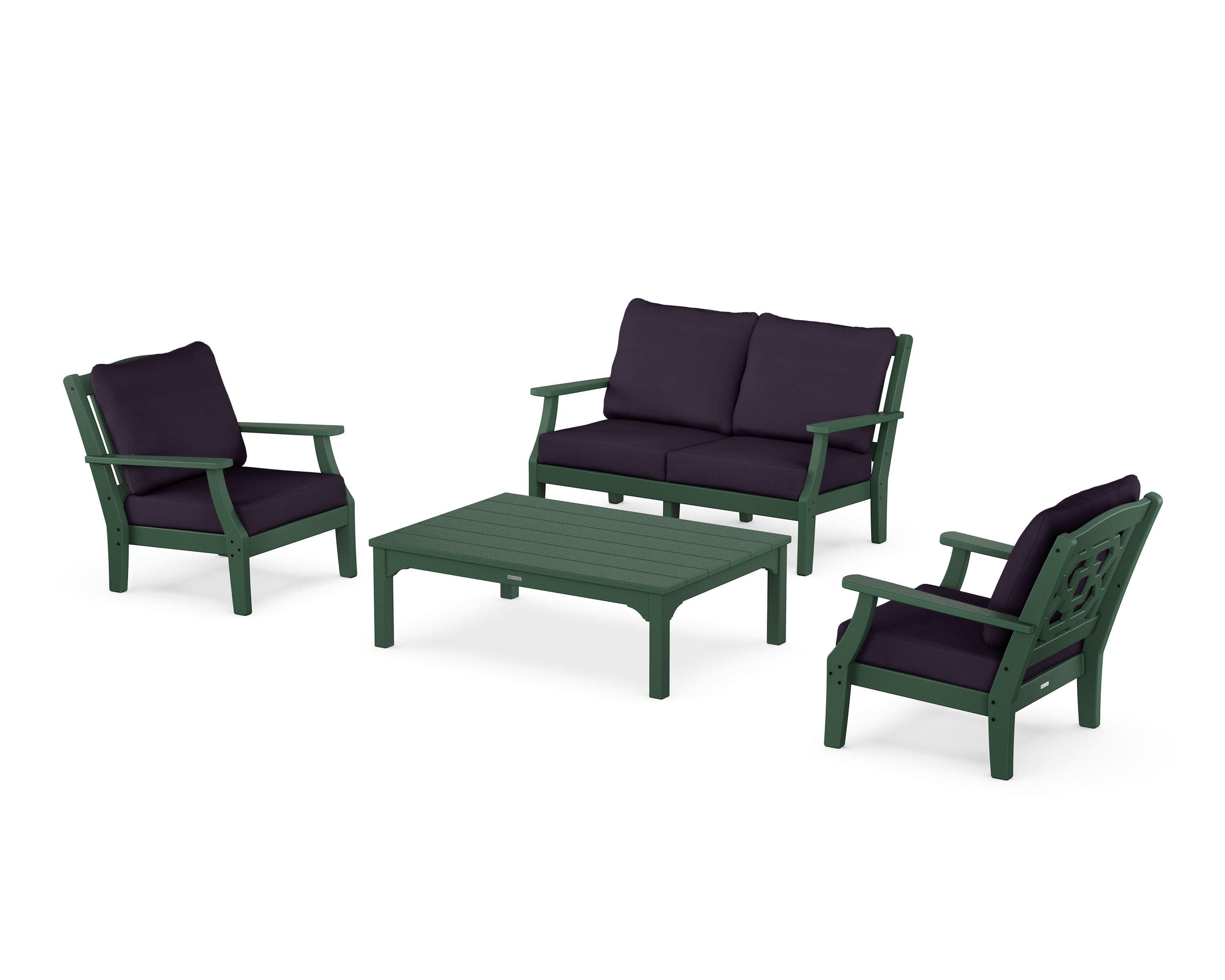 Chinoiserie 4-Piece Deep Seating Set with Loveseat in Green / Navy Linen