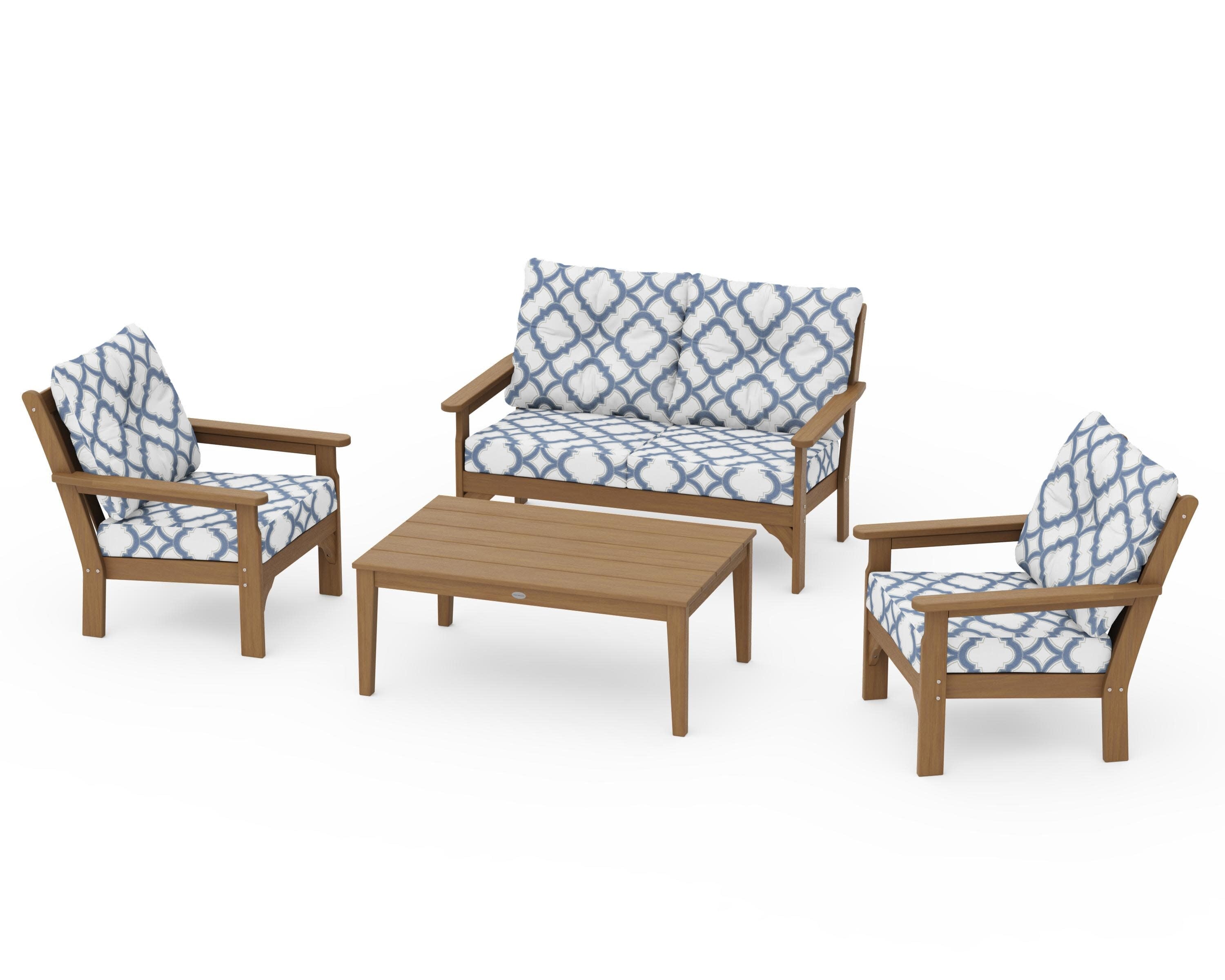 Vineyard 4-Piece Deep Seating Set in Natural / Trellis Sky Blue