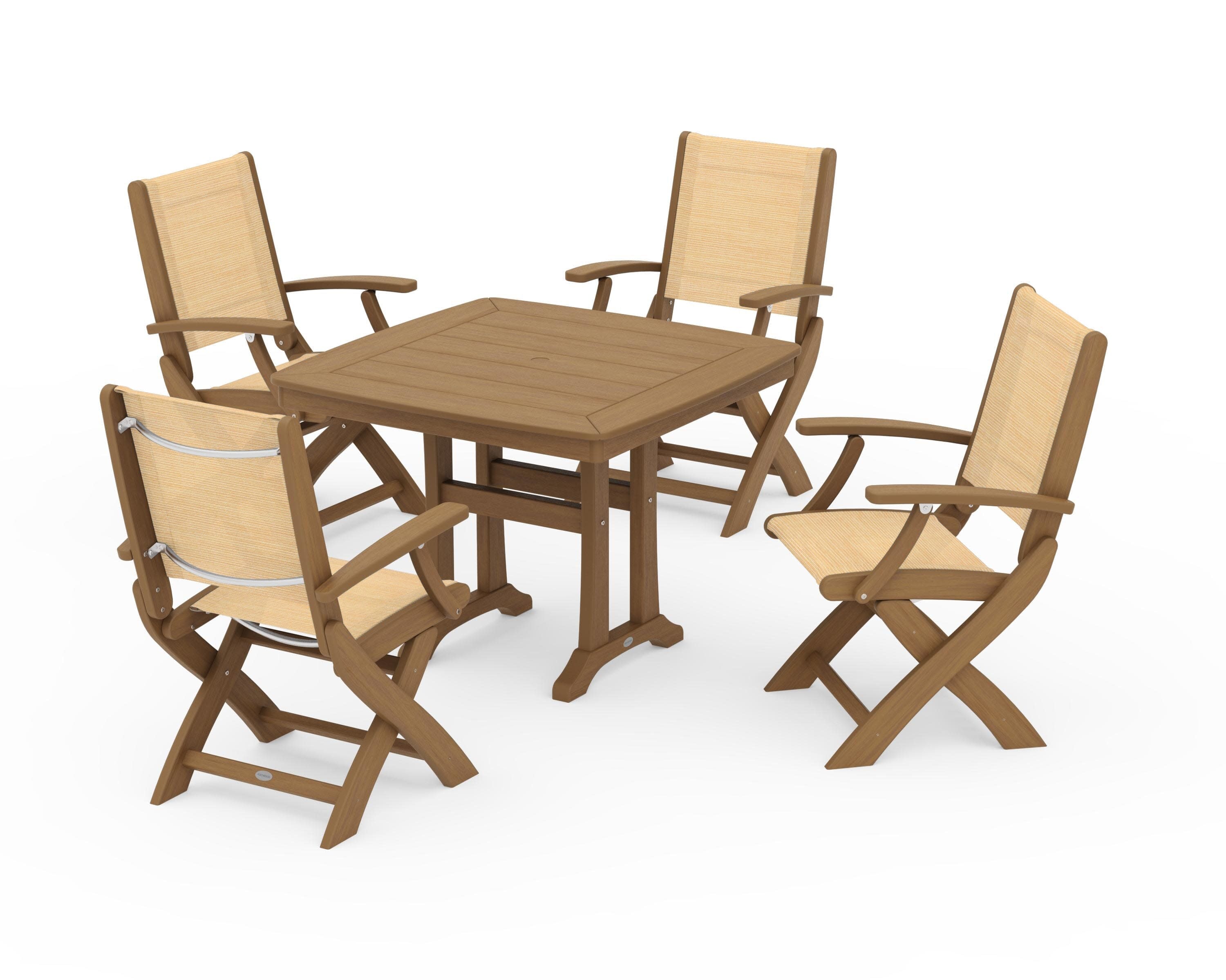 Coastal Folding Chair 5-Piece Dining Set with Trestle Legs in Natural / Dupioni Apricot Sling