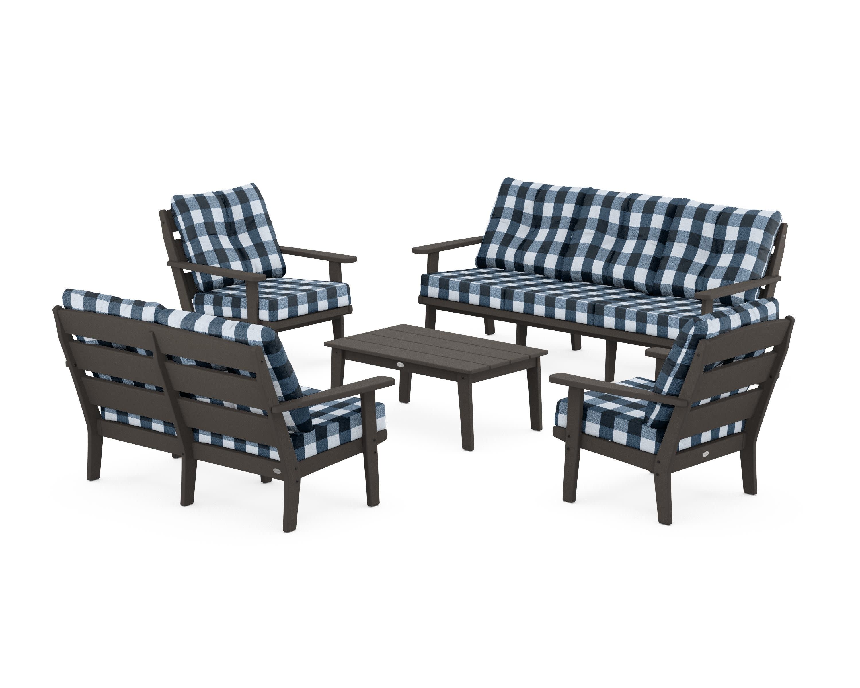 Lakeside 5-Piece Lounge Sofa Set in Vintage Coffee / Buffalo Plaid Marine Indigo
