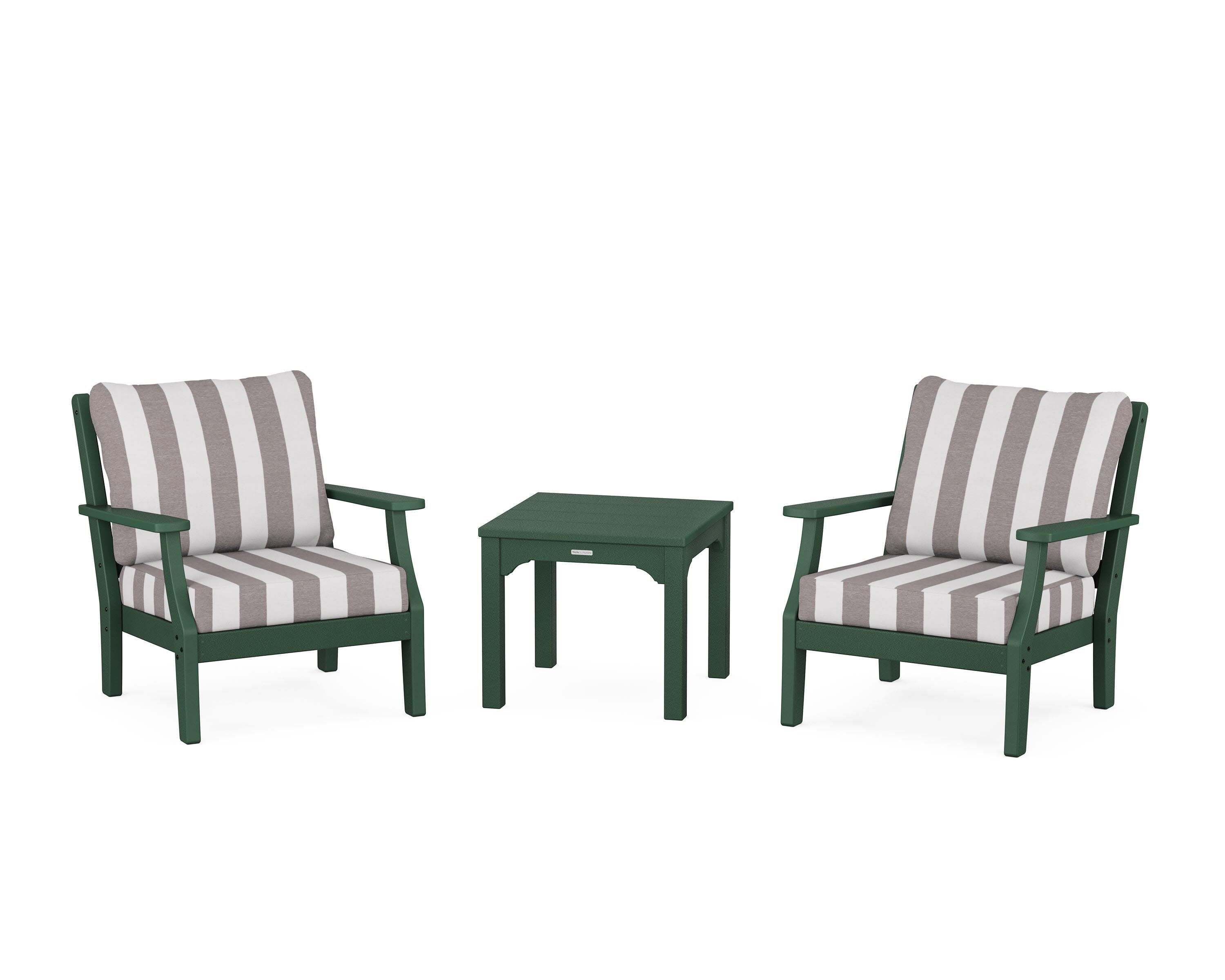Chinoiserie 3-Piece Deep Seating Set in Green / Cabana Stripe Grey Mist