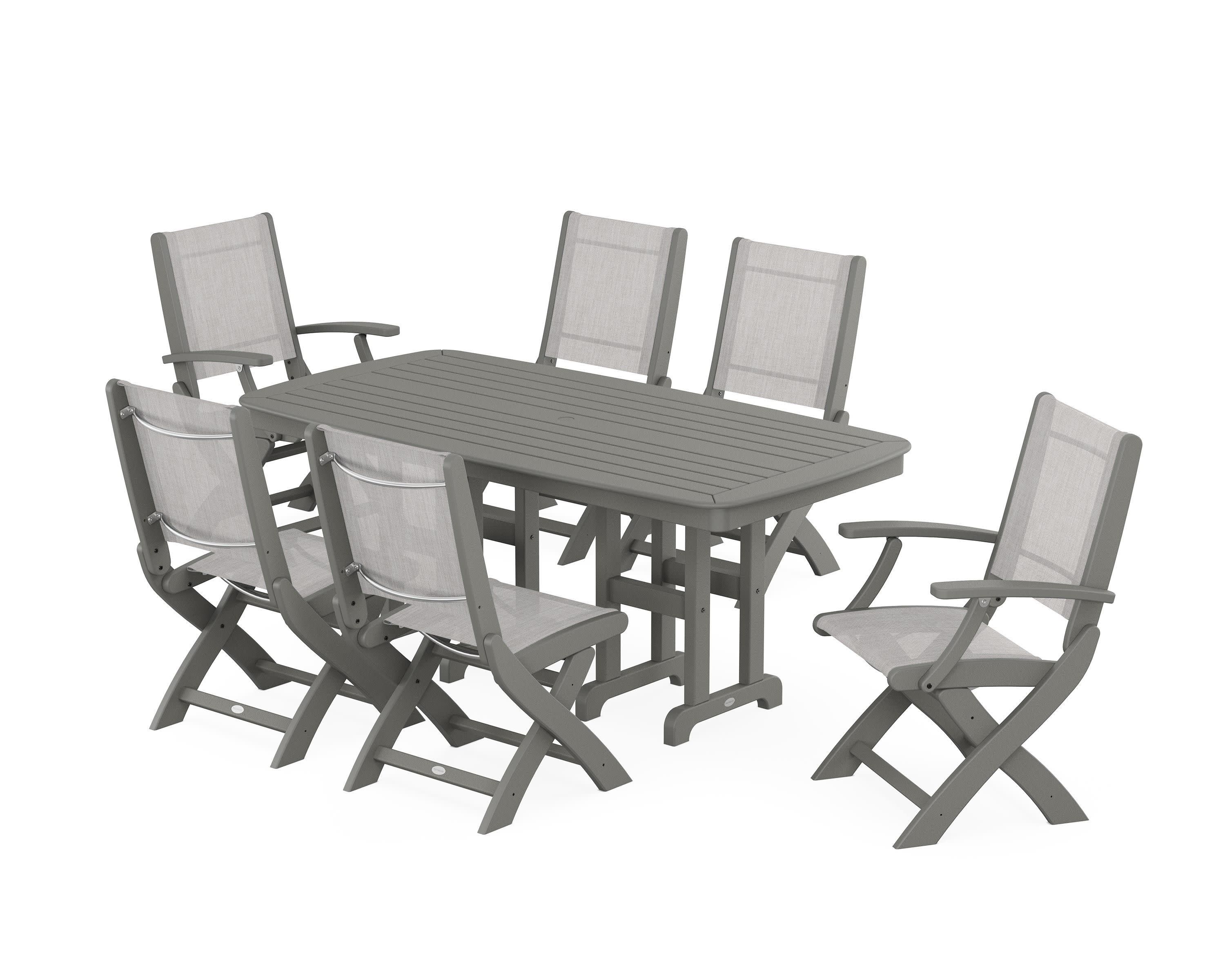 Coastal Folding Chair 7-Piece Dining Set in Slate Grey / Parchment Sling