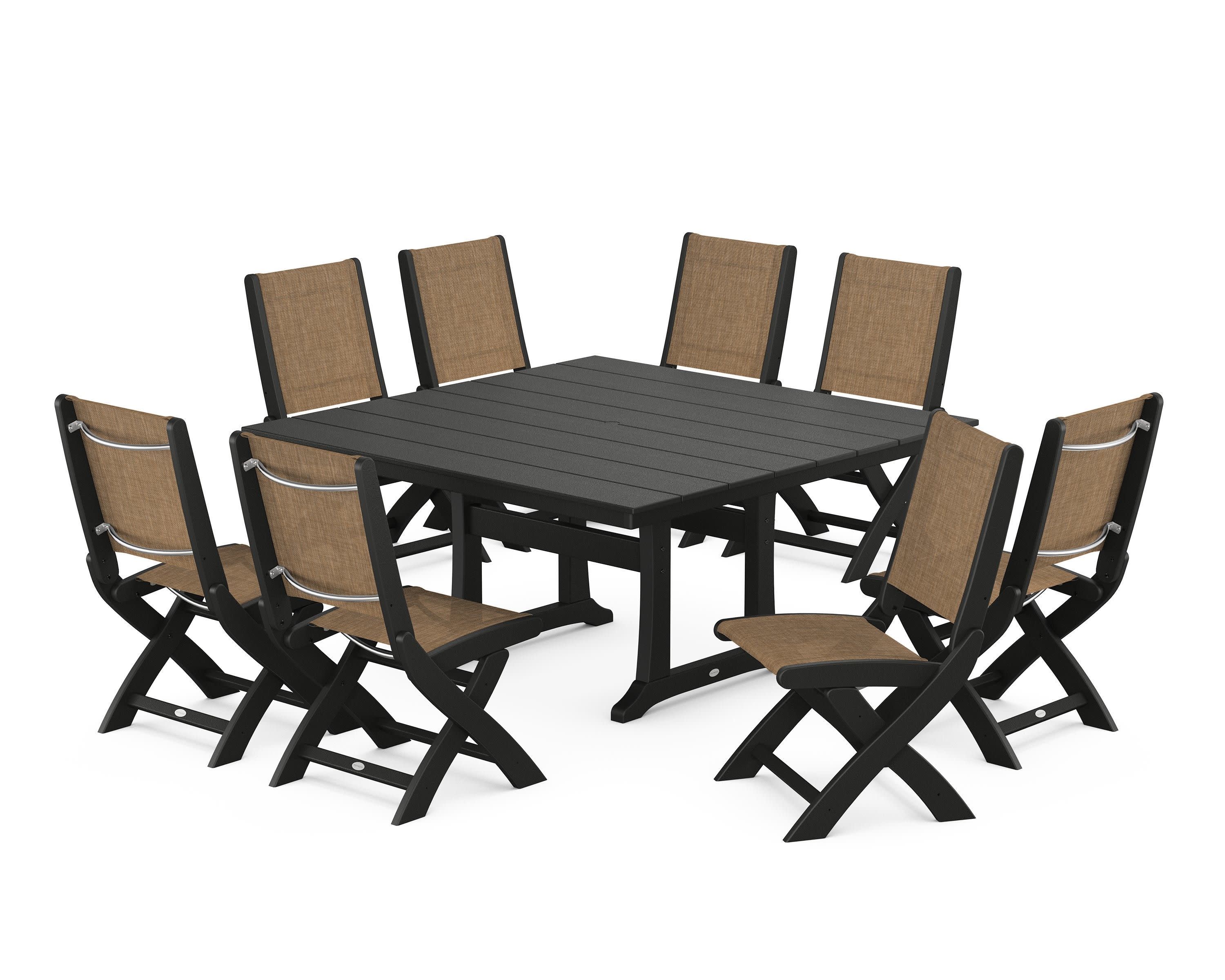 Coastal Folding Side Chair 9-Piece Farmhouse Dining Set in Black / Burlap Sling