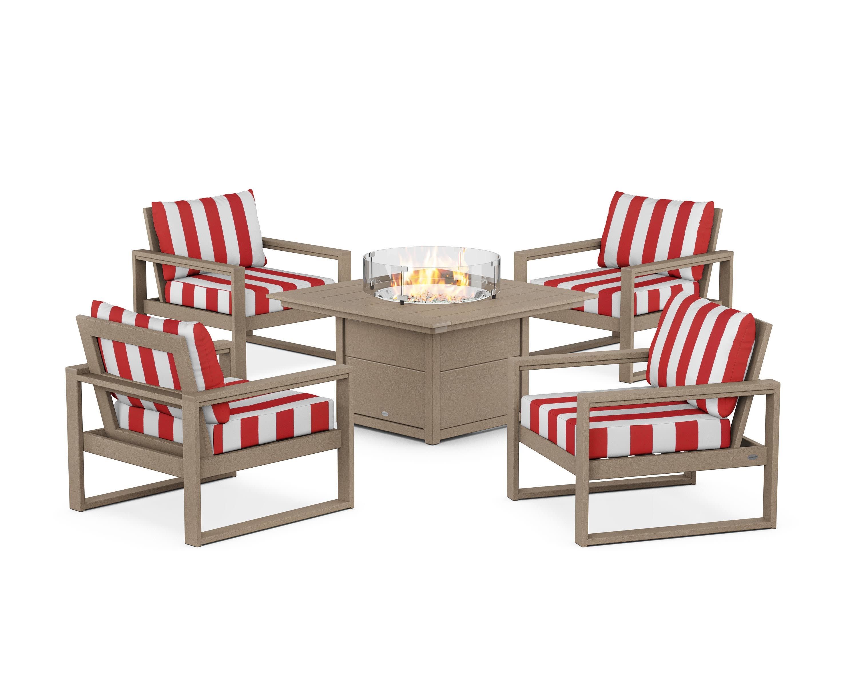 EDGE Sectional 5-Piece Deep Seating Set with Fire Pit Table in Vintage Sahara / Cabana Stripe Crimson