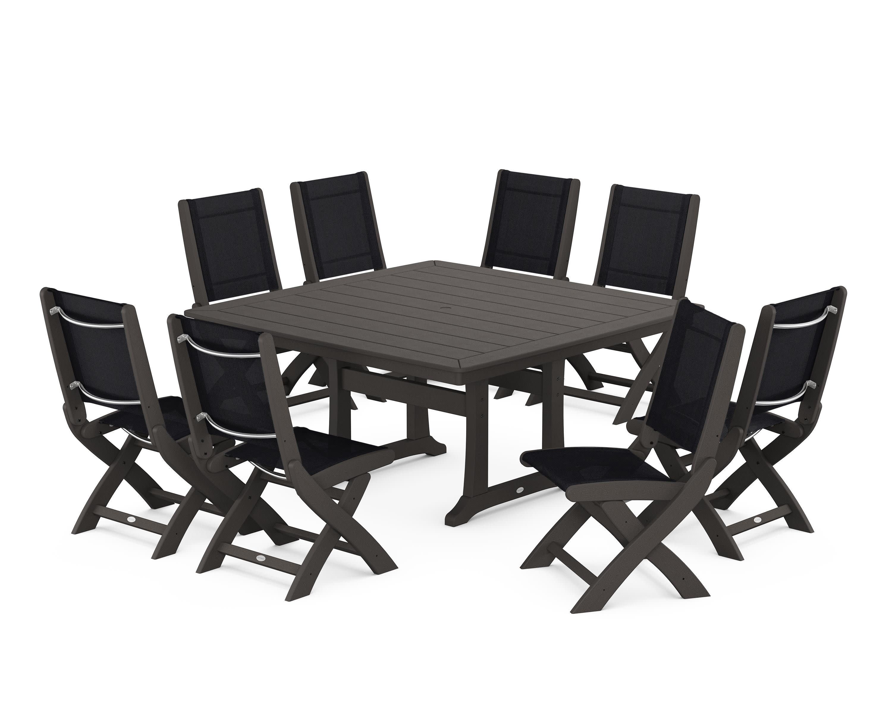 Coastal Folding Side Chair 9-Piece Dining Set with Trestle Legs in Vintage Coffee / Black Sling