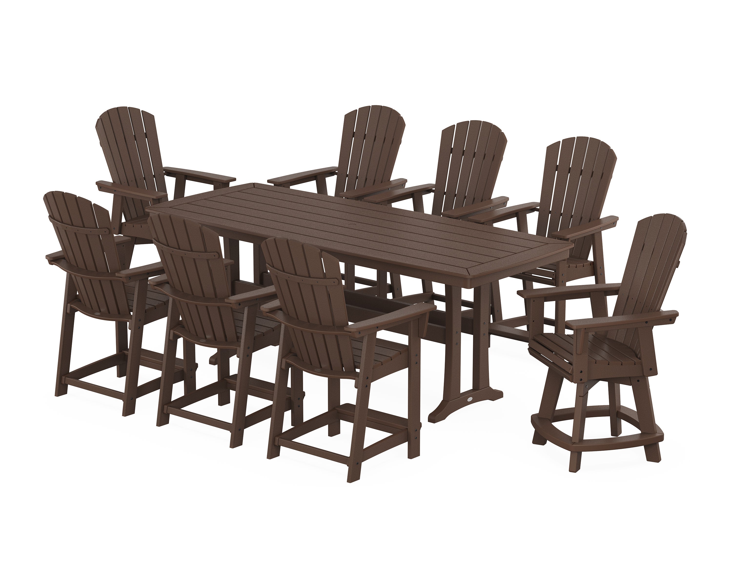 Nautical Curveback Adirondack Swivel 9-Piece Counter Set with Trestle Legs in Mahogany