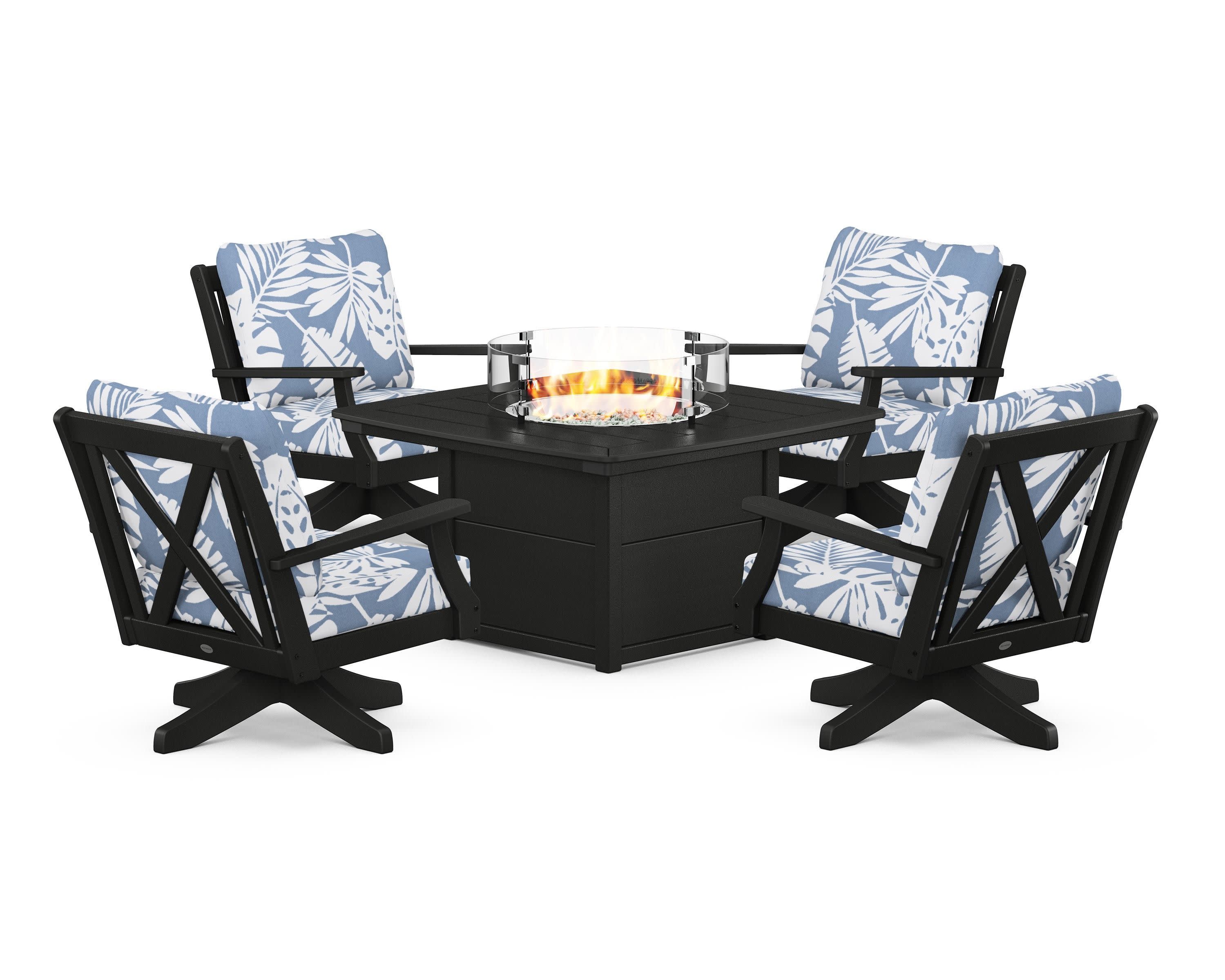 Braxton 5-Piece Deep Seating Swivel Conversation Set with Fire Pit Table in Black / Leaf Sky Blue