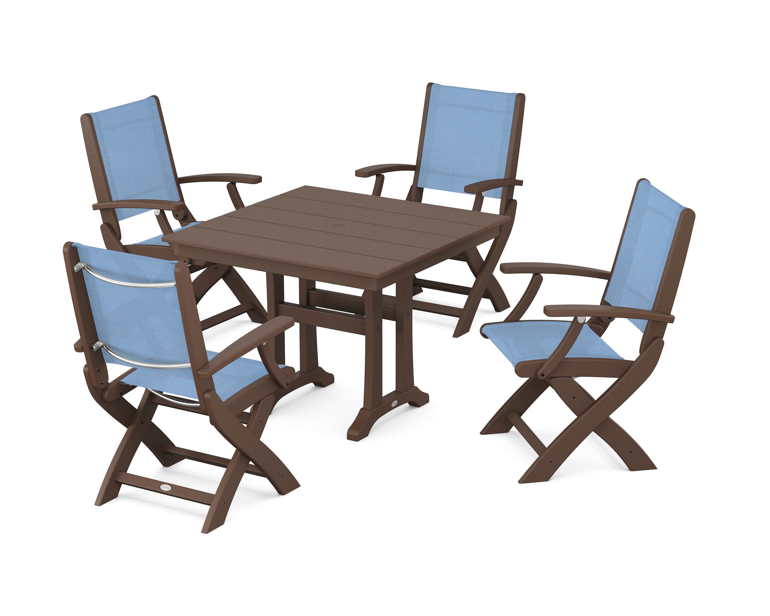 Coastal Folding Chair 5-Piece Farmhouse Dining Set With Trestle Legs in Mahogany / Poolside Sling