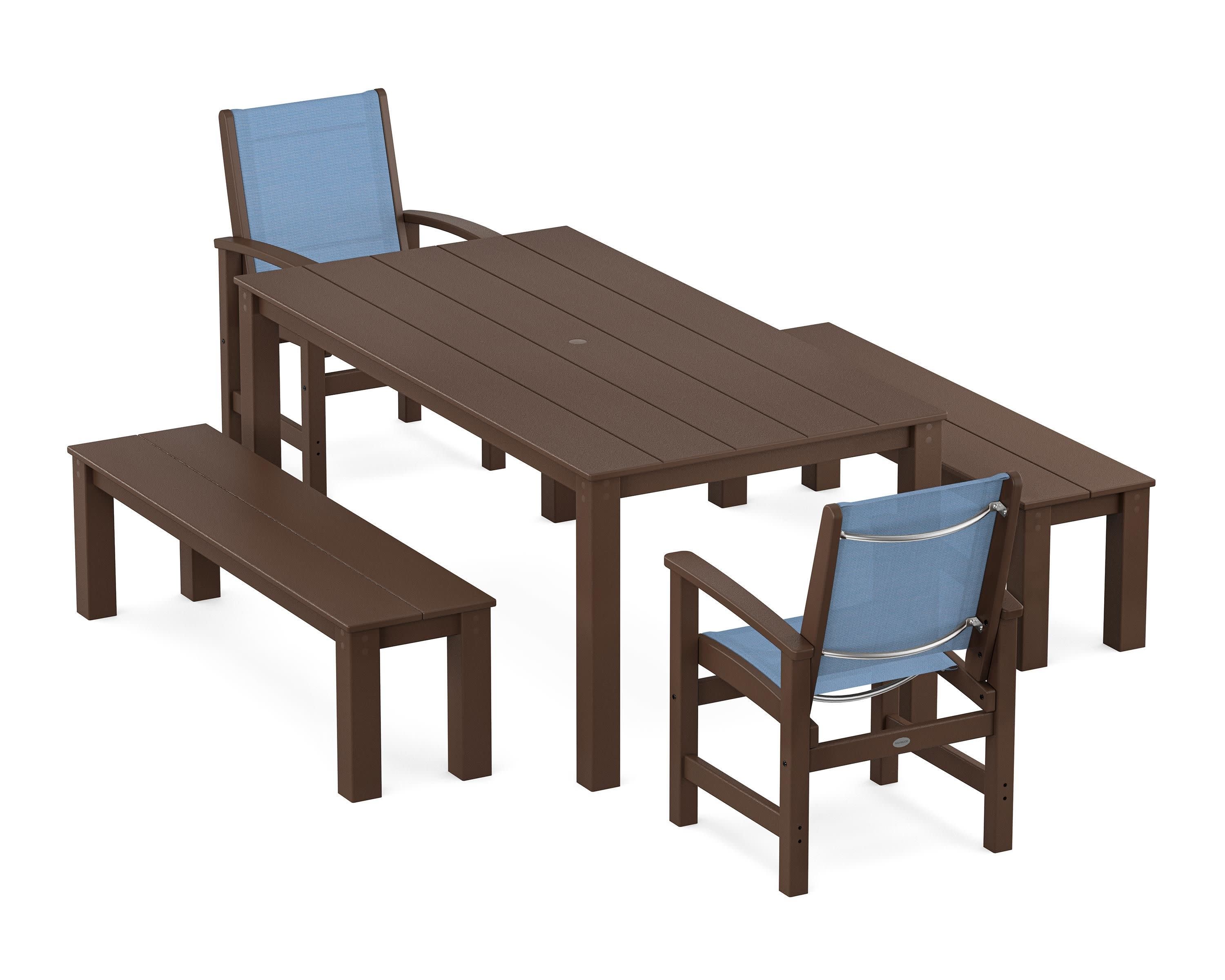 Coastal 5-Piece Parsons Dining Set with Benches in Mahogany / Poolside Sling