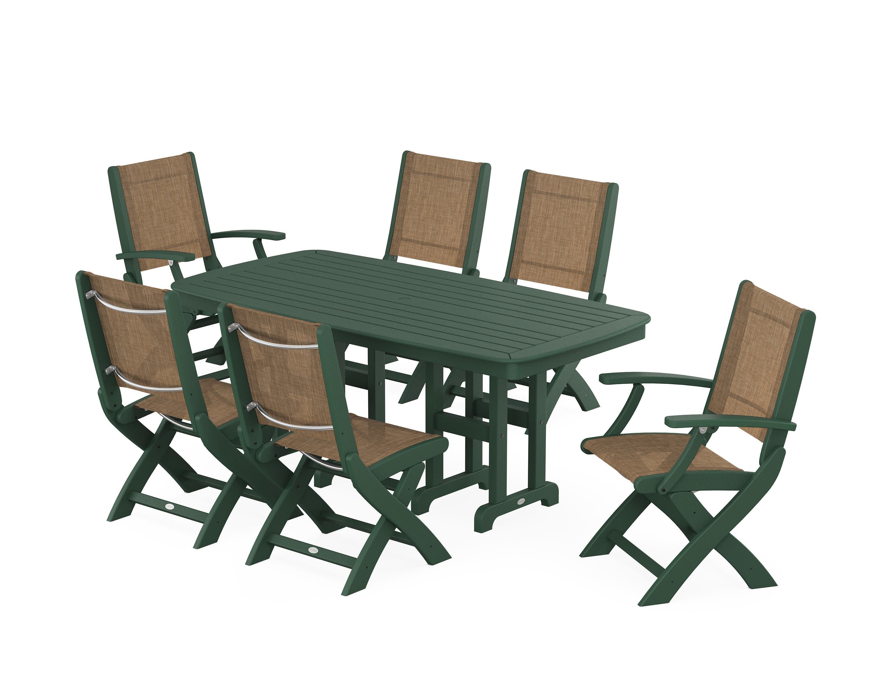 Coastal Folding Chair 7-Piece Dining Set in Green / Burlap Sling
