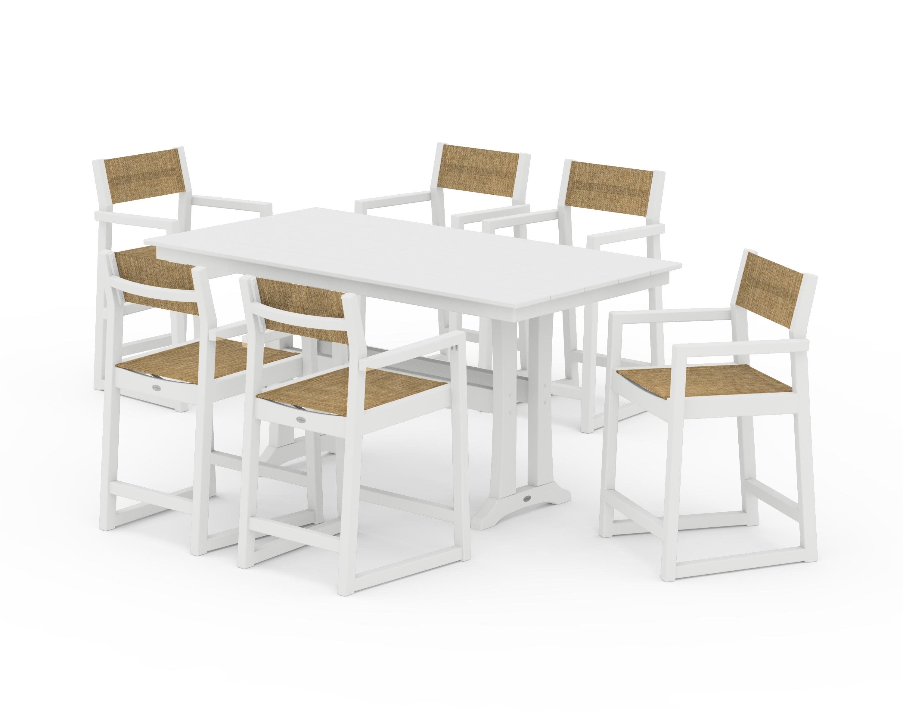 EDGE Sling Arm Chair 7-Piece Farmhouse Counter Set with Trestle Legs in White / Burlap Sling