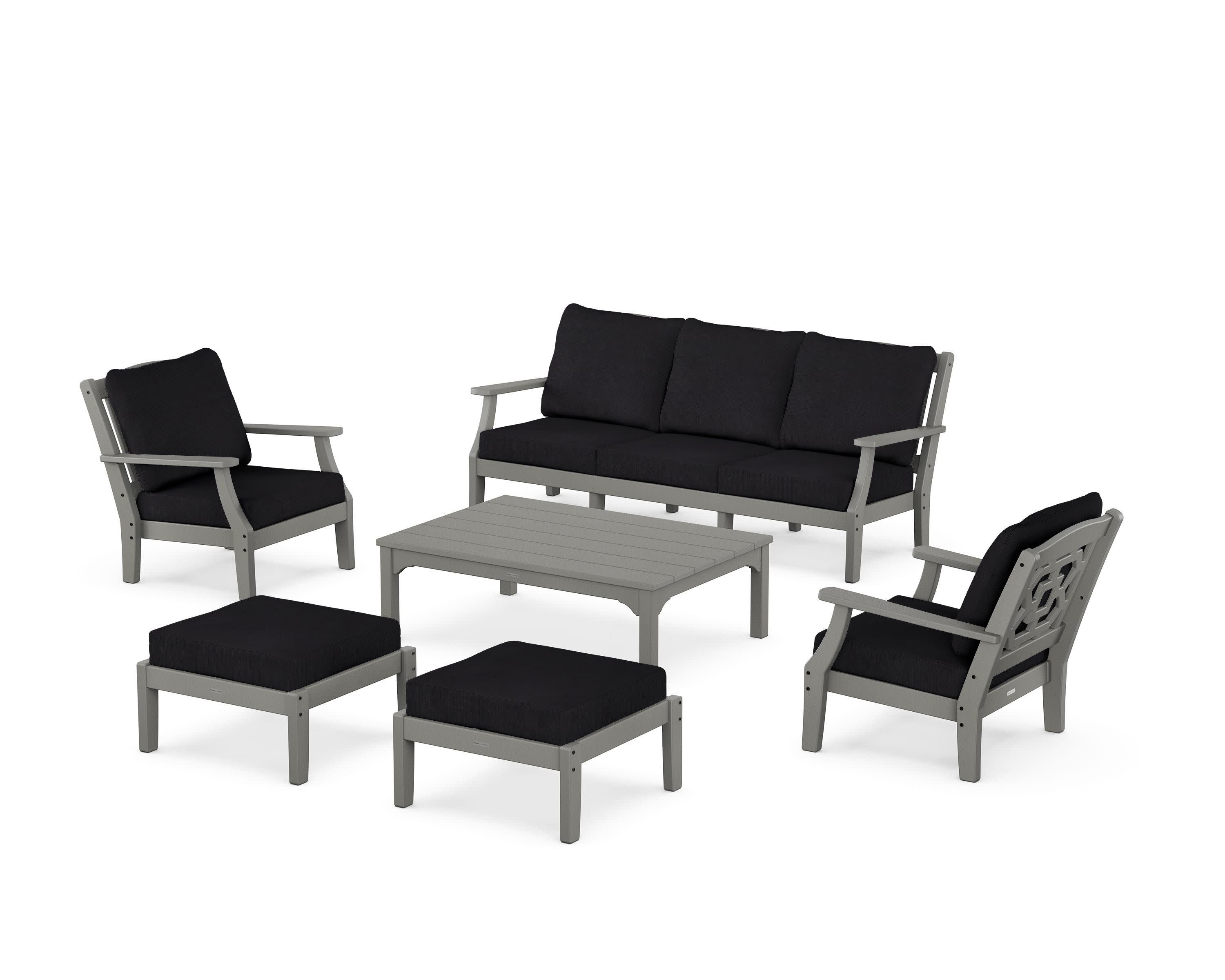 Chinoiserie 6-Piece Lounge Sofa Set in Slate Grey / Midnight Linen