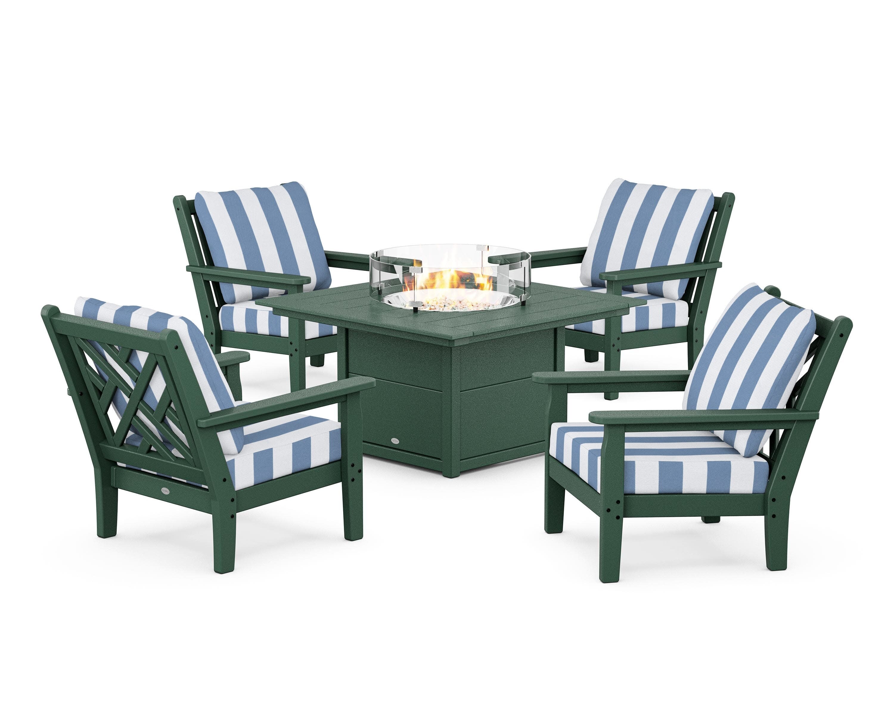 Chippendale 5-Piece Deep Seating Set with Fire Pit Table in Green / Cabana Stripe Sky Blue