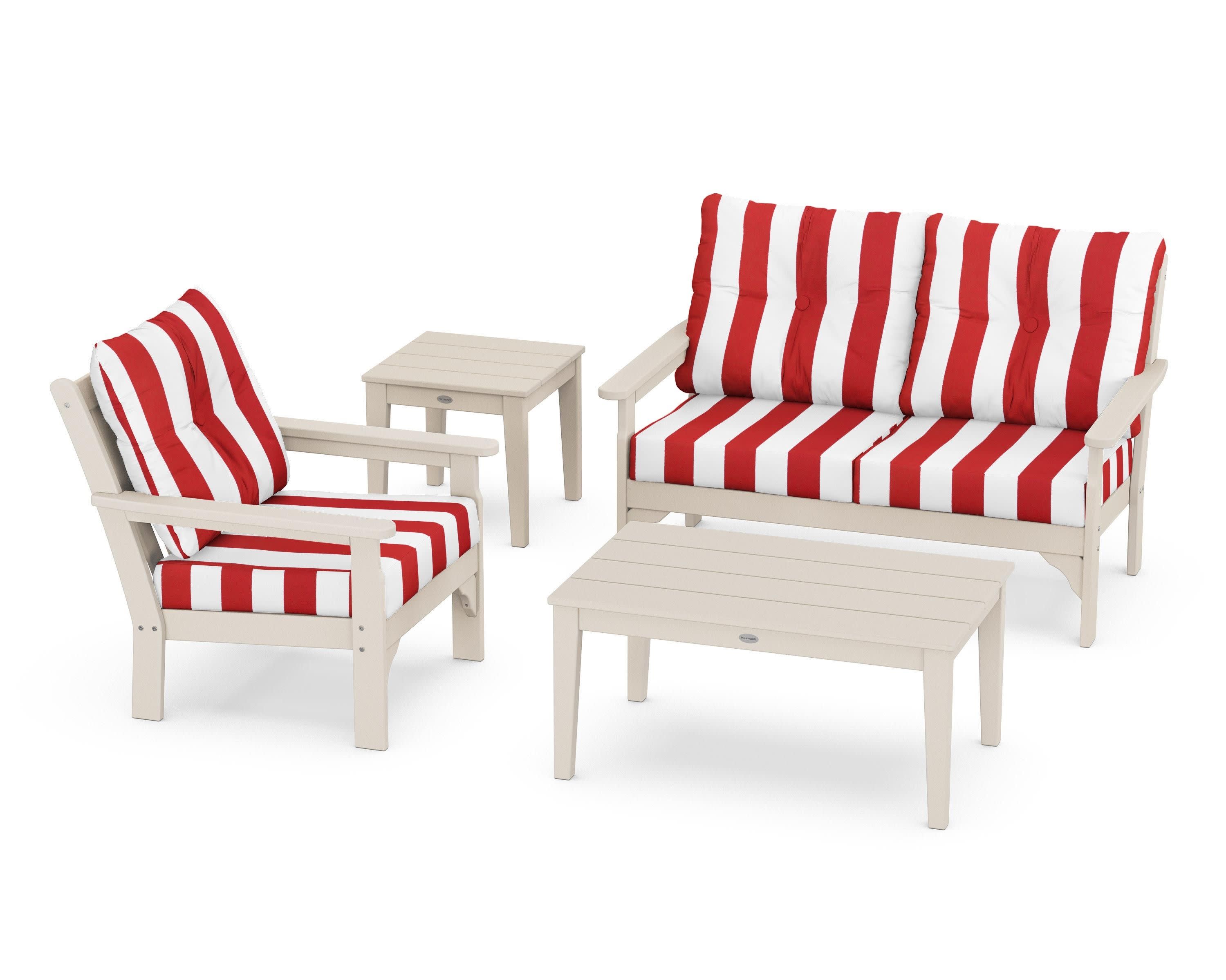 Vineyard 4-Piece Deep Seating Set in Sand / Cabana Stripe Crimson