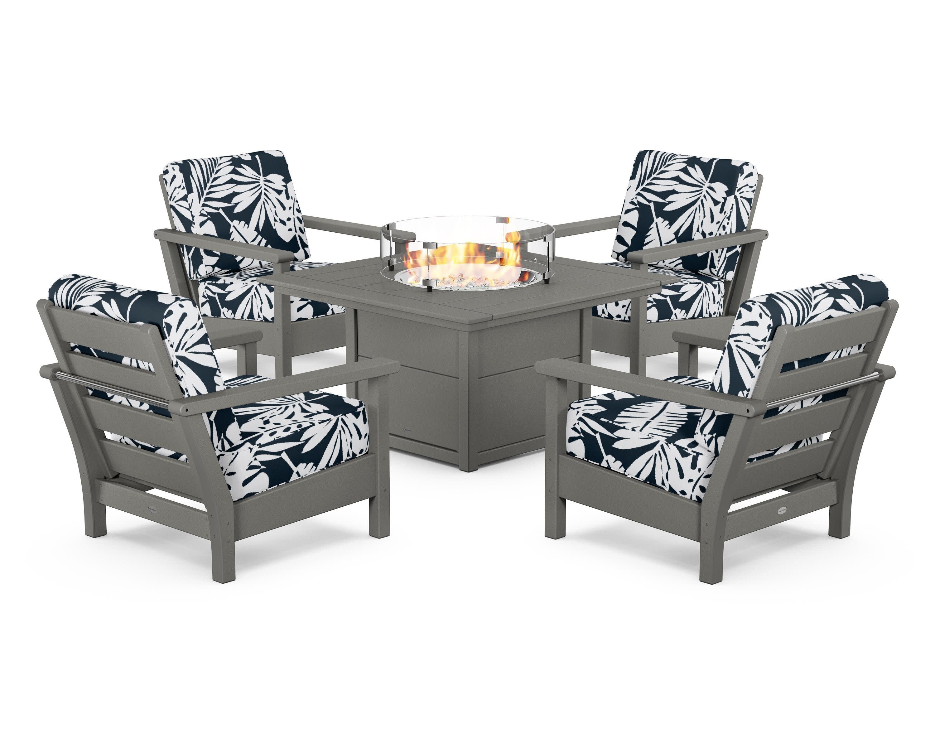 Harbour 5-Piece Conversation Set with Fire Pit Table in Slate Grey / Leaf Marine Indigo