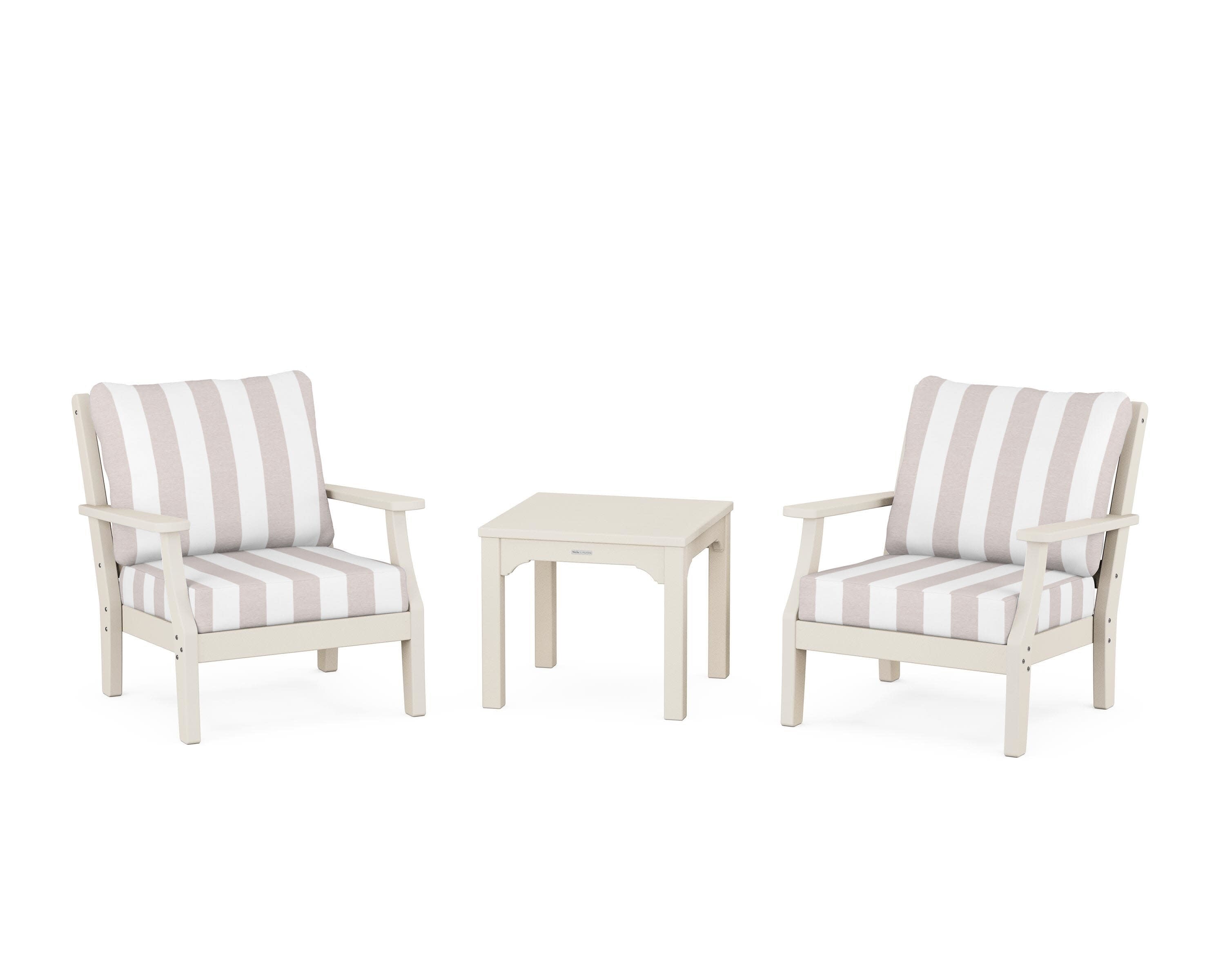 Chinoiserie 3-Piece Deep Seating Set in Sand / Cabana Stripe Dune Burlap