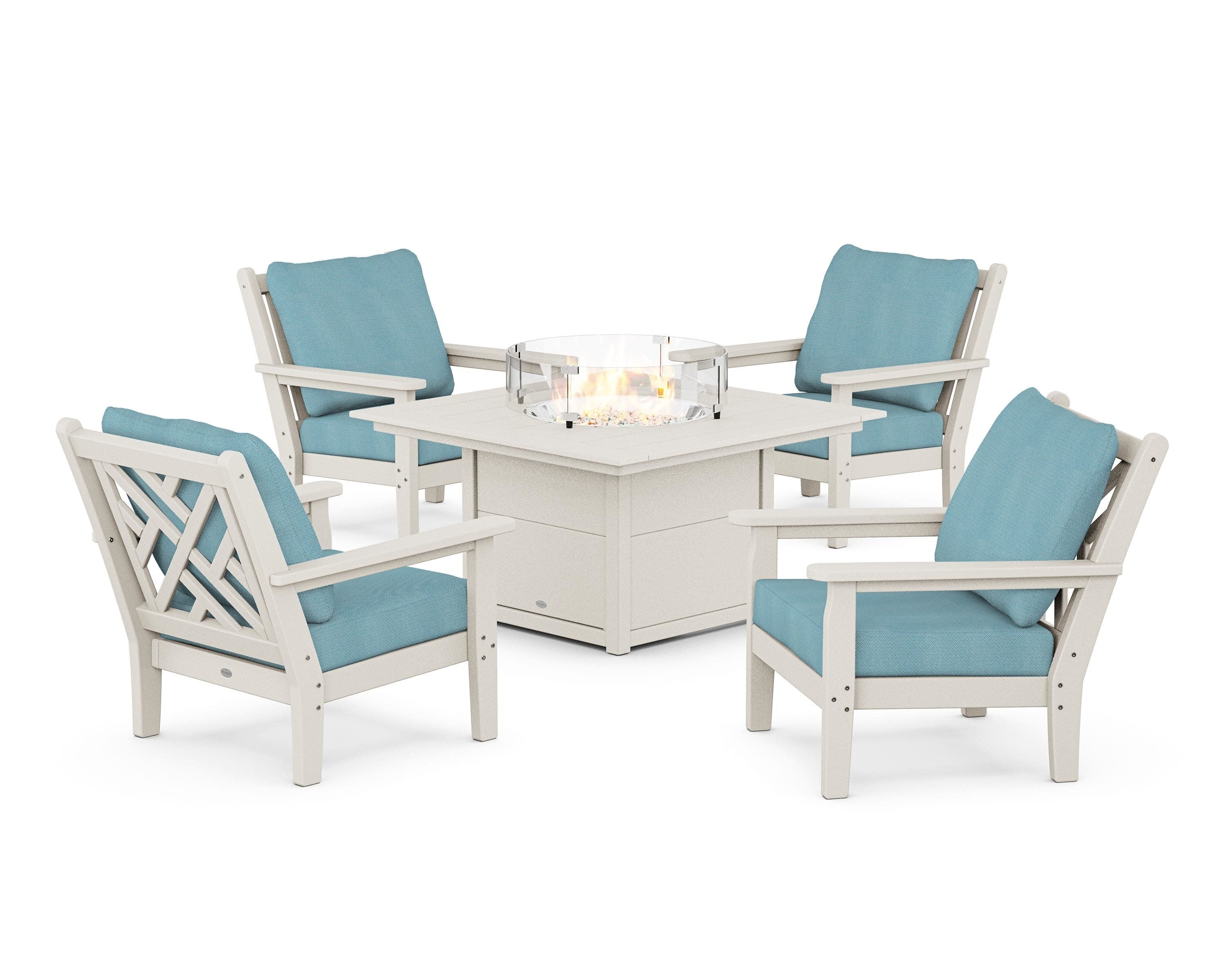Chippendale 5-Piece Deep Seating Set with Fire Pit Table in Sand / Lattice Sky Blue