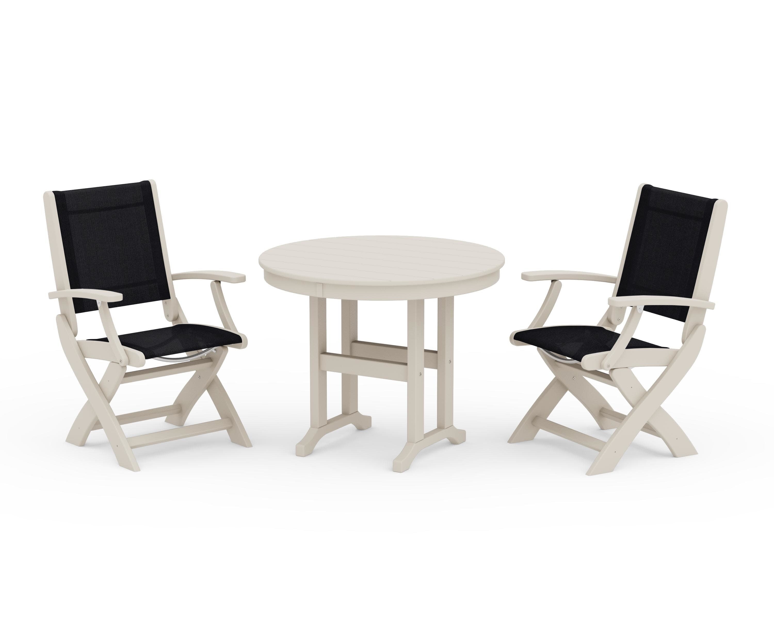 Coastal Folding Chair 3-Piece Round Dining Set in Sand / Black Sling