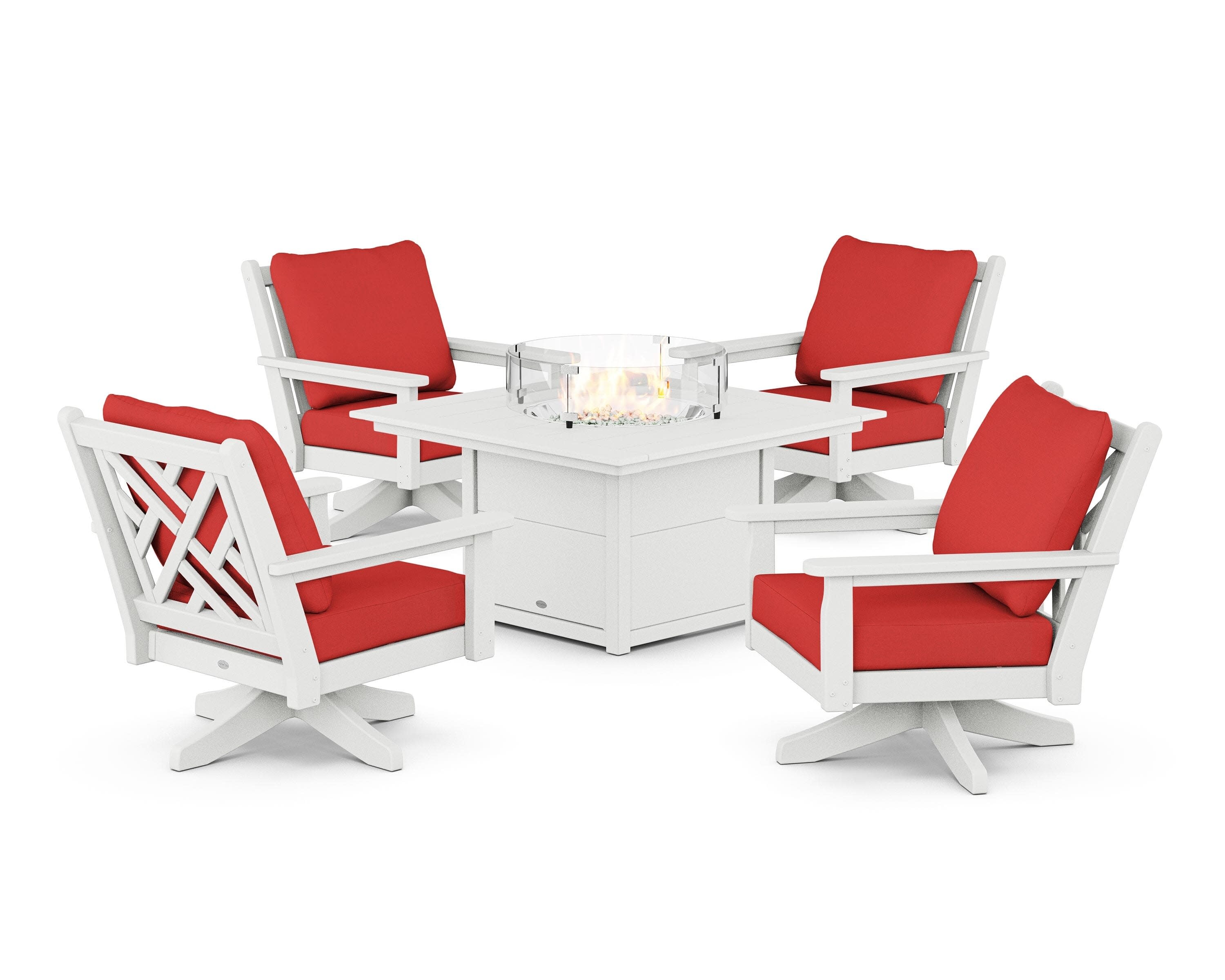 Chippendale 5-Piece Deep Seating Swivel Conversation Set with Fire Pit Table in White / Crimson Linen
