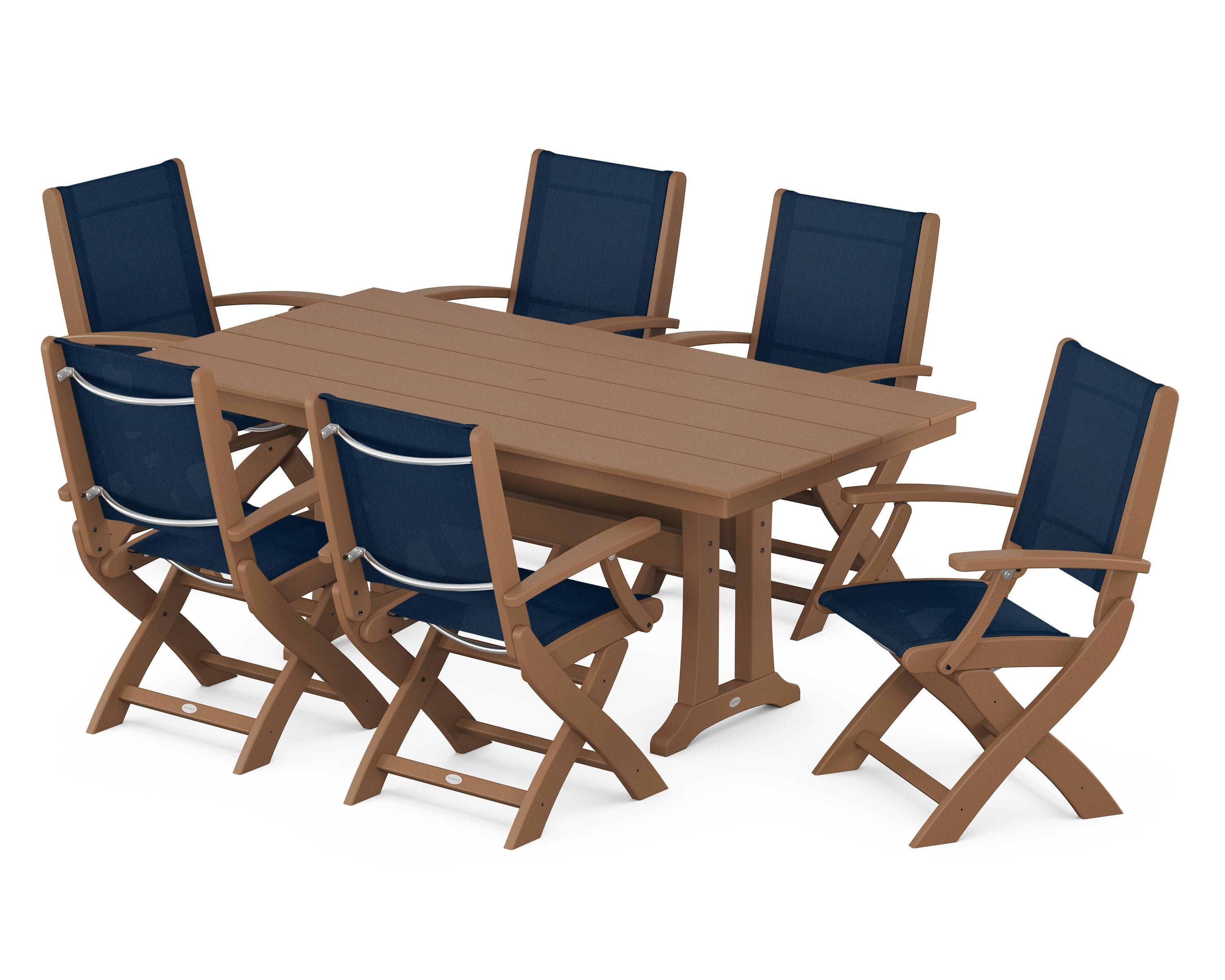 Coastal Folding Arm Chair 7-Piece Farmhouse Dining Set with Trestle Legs in Teak / Navy Blue Sling