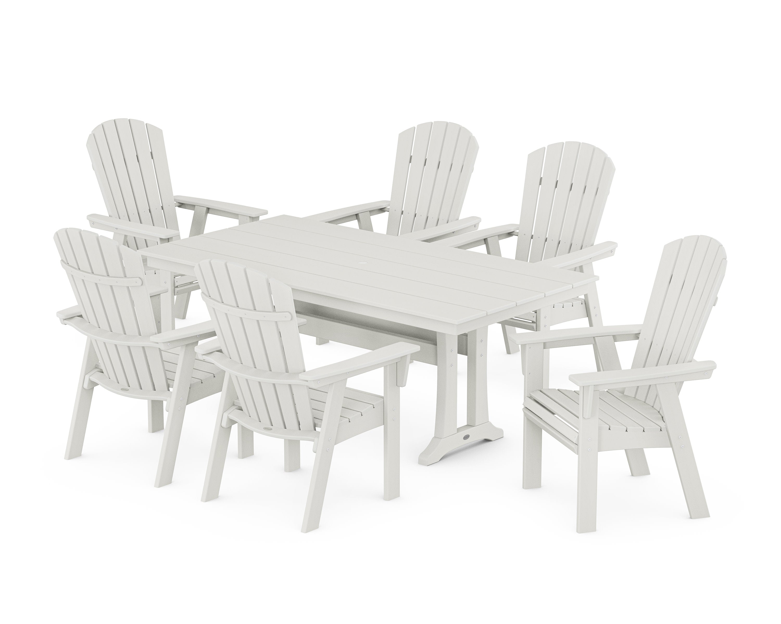 Nautical Curveback Adirondack 7-Piece Farmhouse Dining Set with Trestle Legs in Vintage White