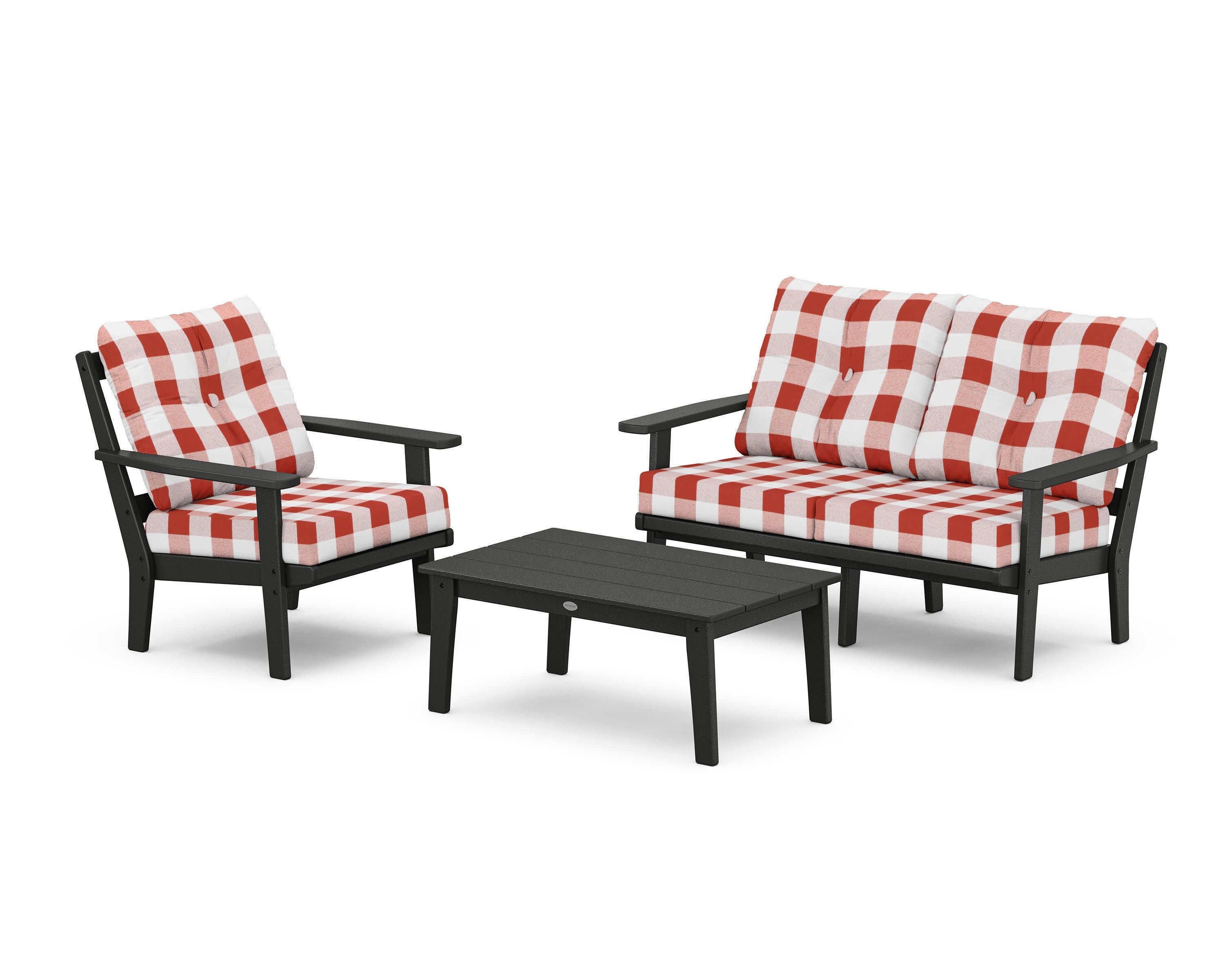 Oxford 3-Piece Deep Seating Set with Loveseat in Black / Buffalo Plaid Crimson