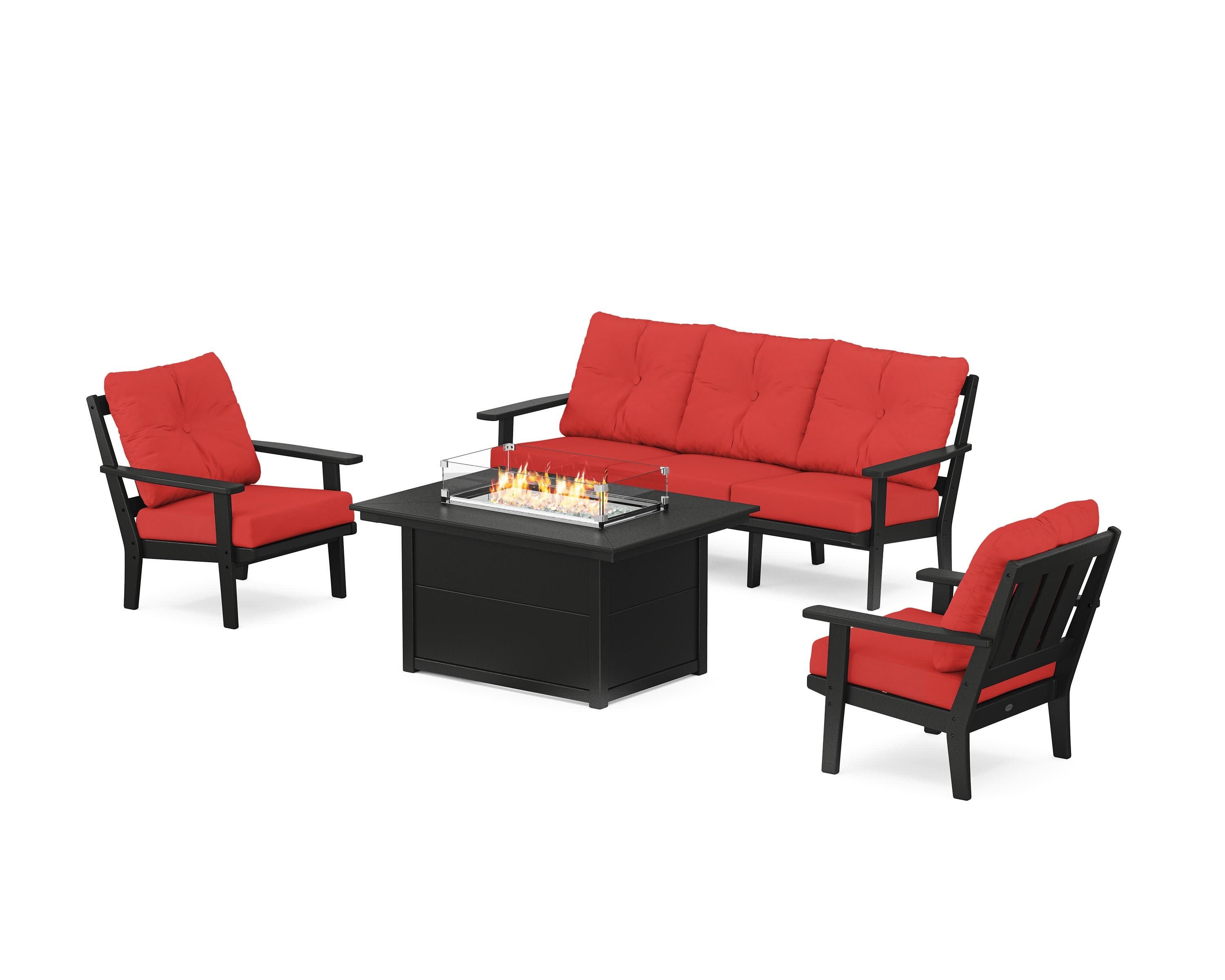 Oxford Deep Seating Fire Pit Table Set in Black / Crimson Linen
