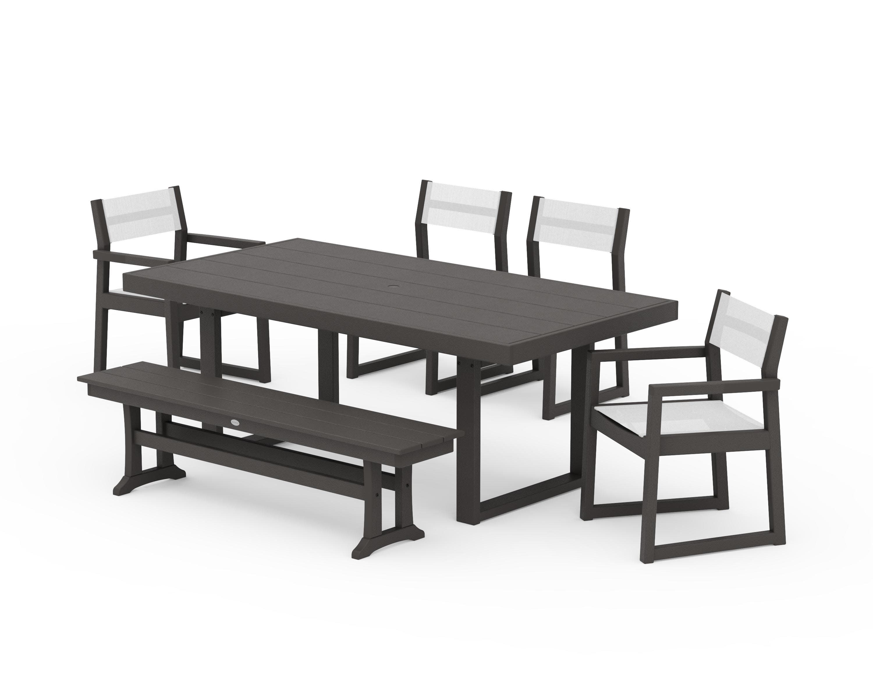 EDGE Sling 6-Piece Dining Set with Bench in Vintage Coffee / White Sling