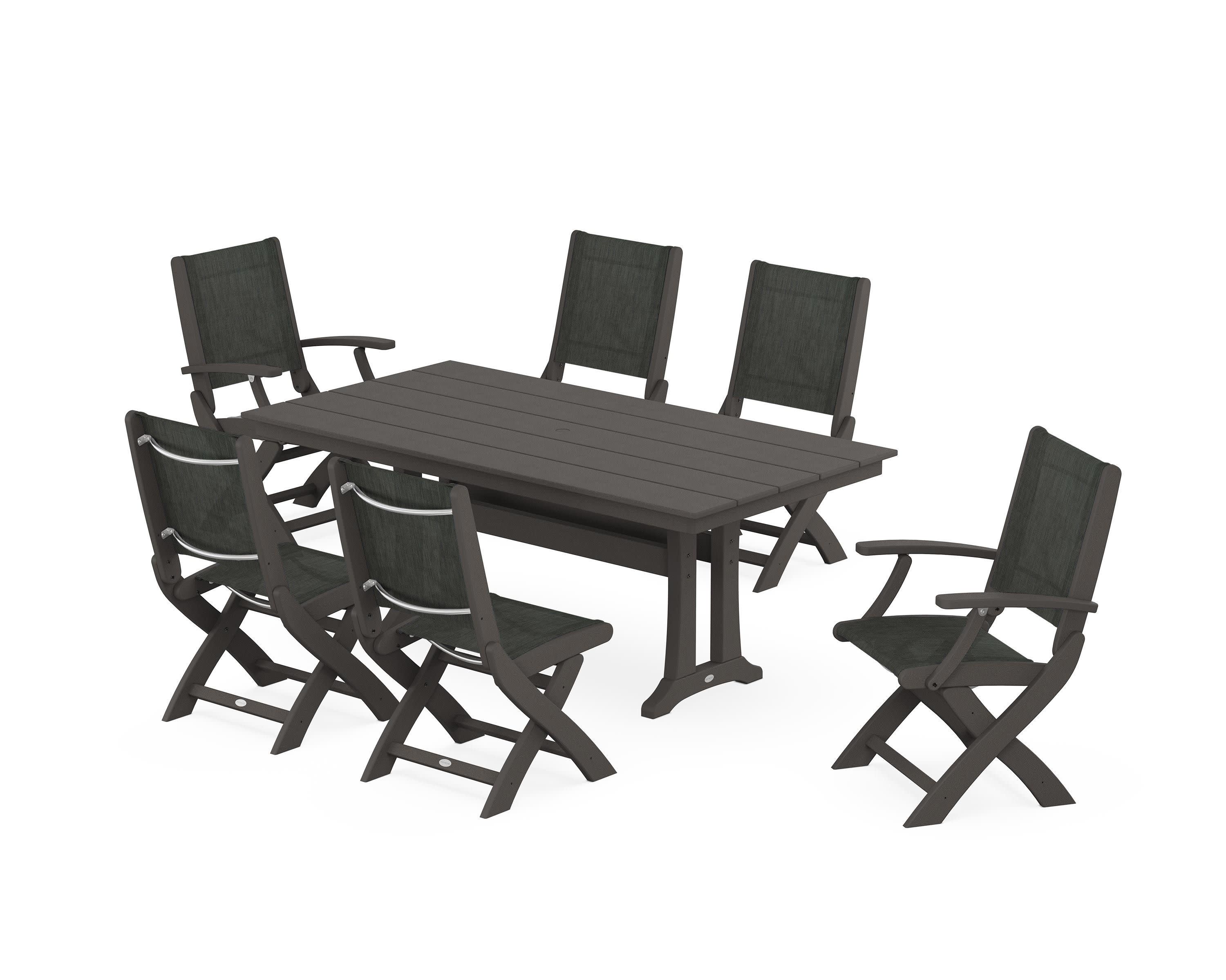 Coastal Folding Chair 7-Piece Farmhouse Dining Set with Trestle Legs in Vintage Coffee / Ember Sling