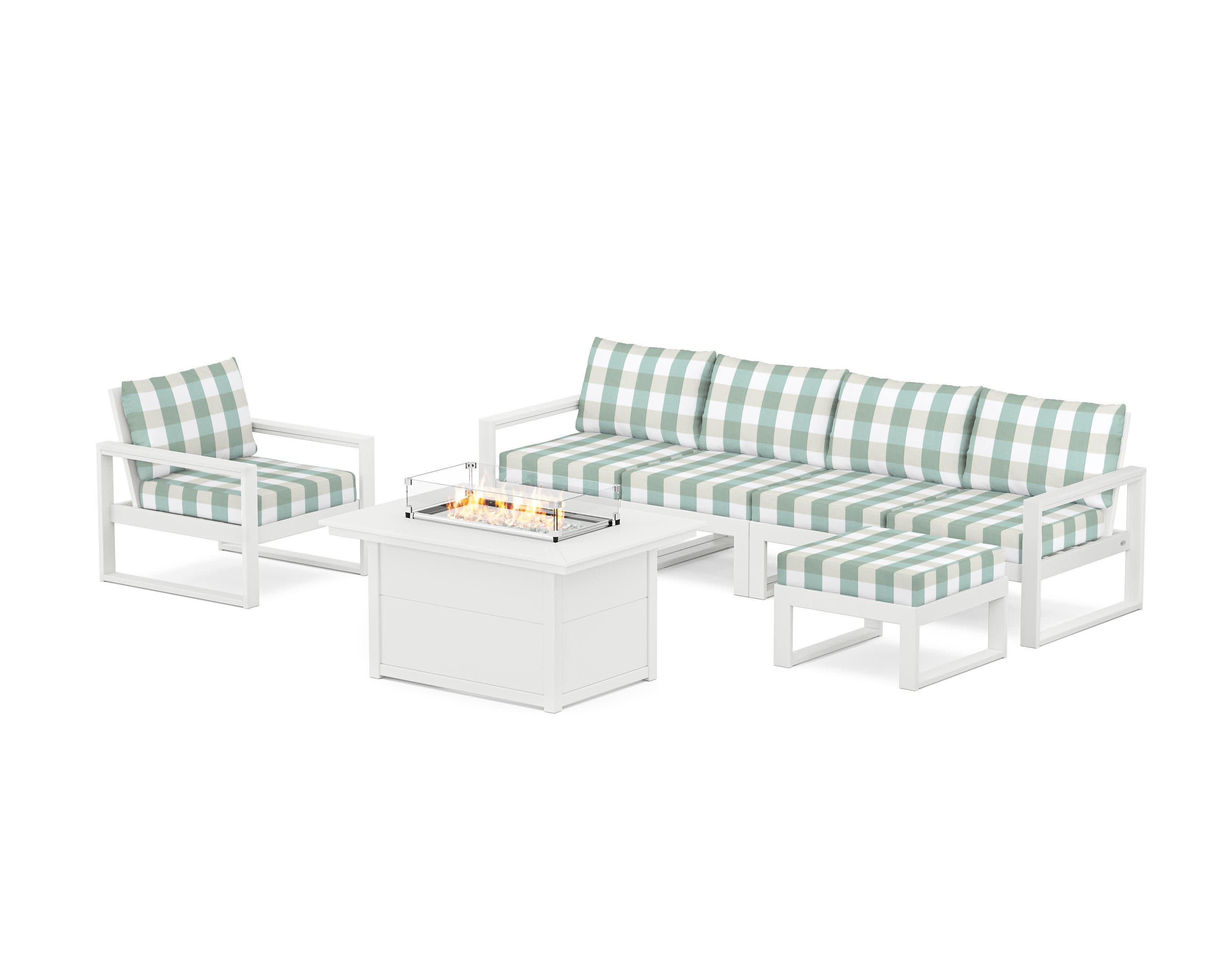 EDGE Sectional Lounge and Fire Pit Set in White / Buffalo Plaid Glacier Spa