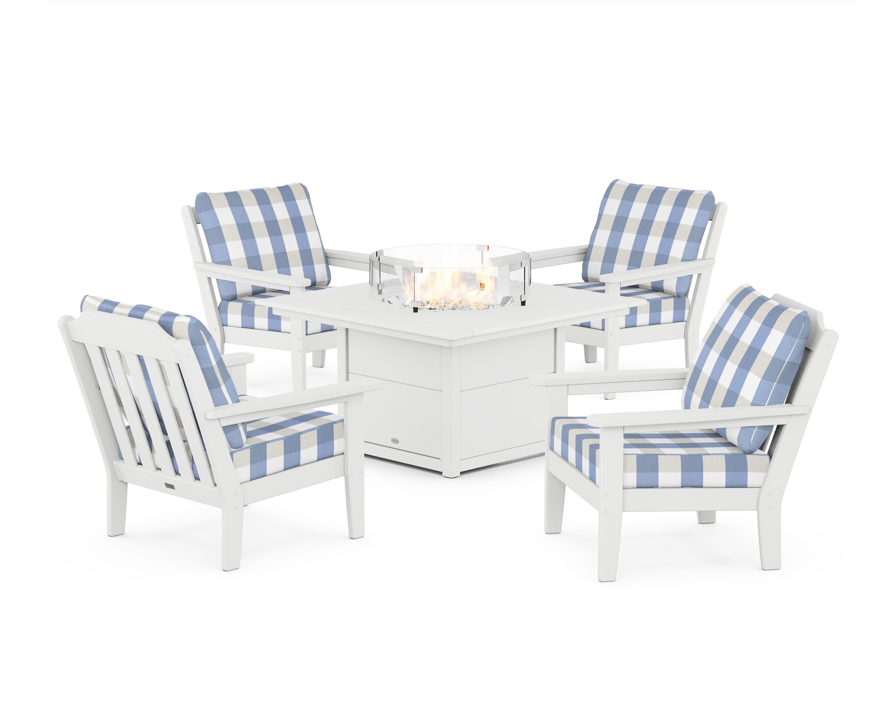 Cottage 5-Piece Deep Seating Set with Fire Pit Table in White / Buffalo Plaid Sky Blue