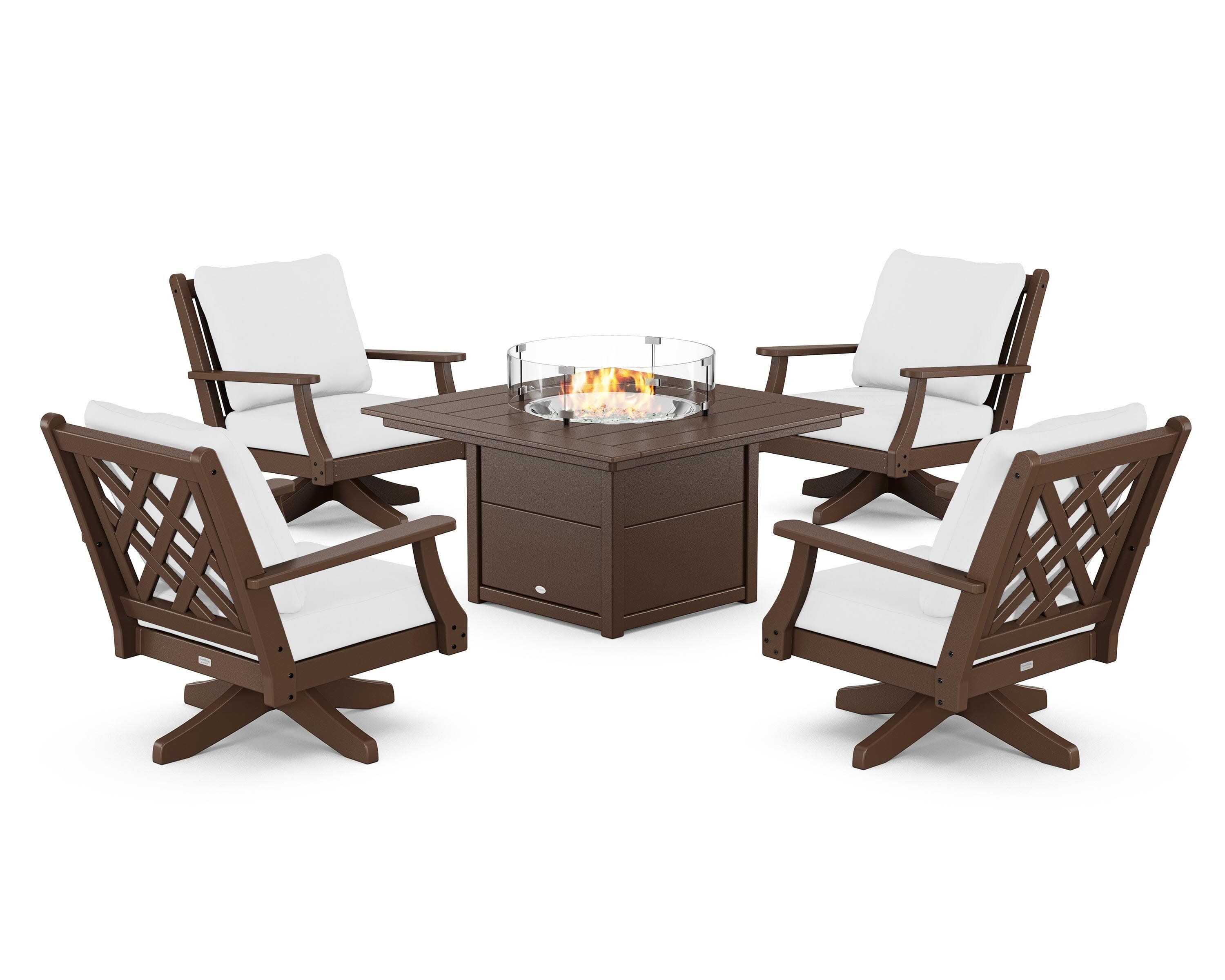 Wovendale 5-Piece Deep Seating Swivel Conversation Set with Fire Pit Table in Mahogany / Natural
