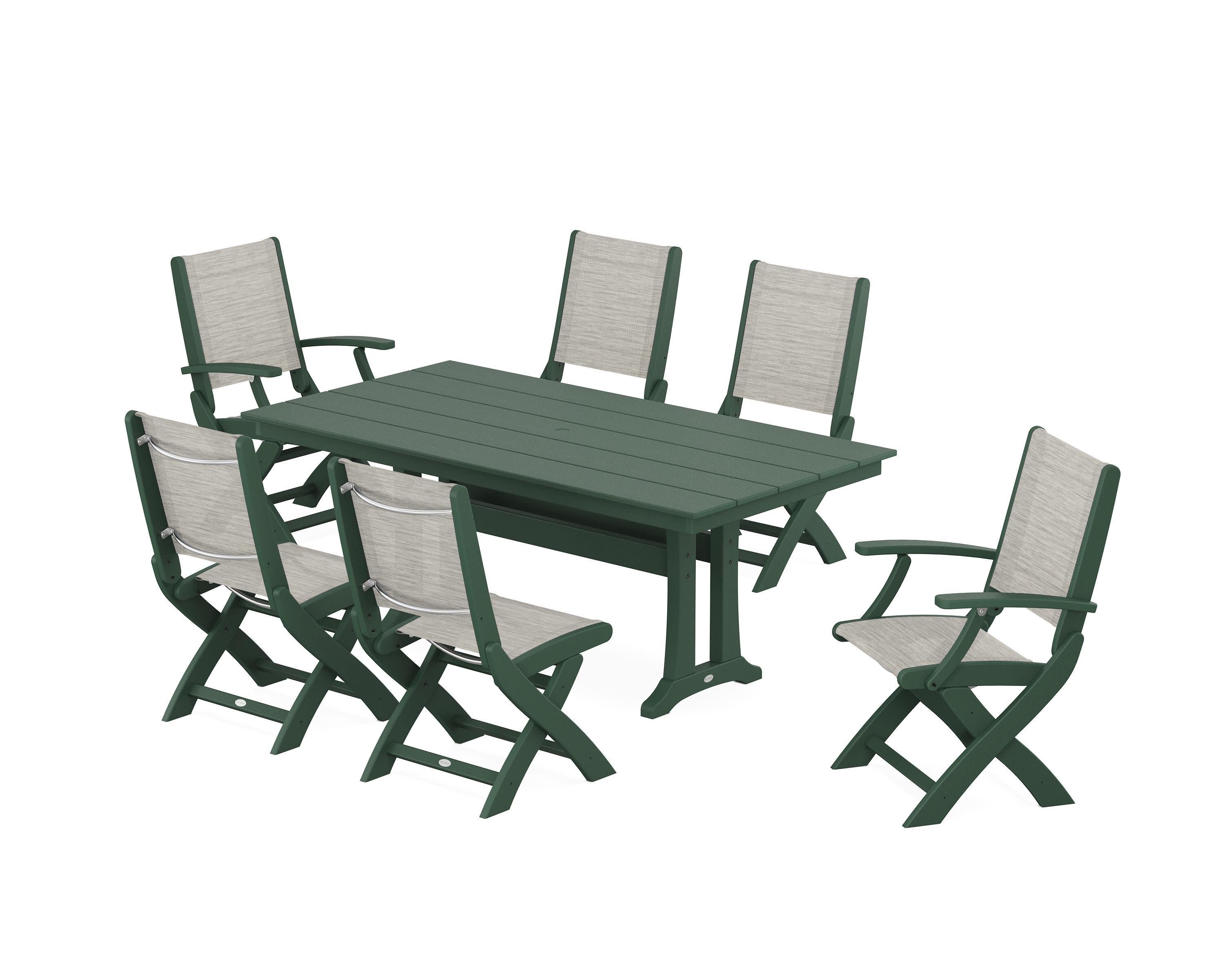 Coastal Folding Chair 7-Piece Farmhouse Dining Set with Trestle Legs in Green / Birch Sling