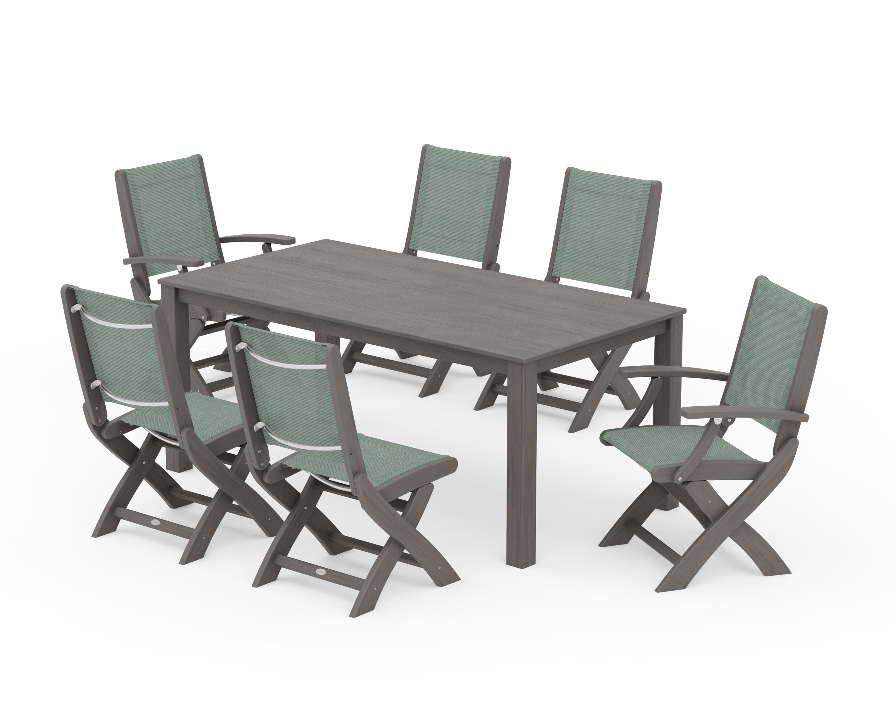 Coastal Folding Chair 7-Piece Parsons Dining Set in Driftwood / Dupioni Sea Mist Sling