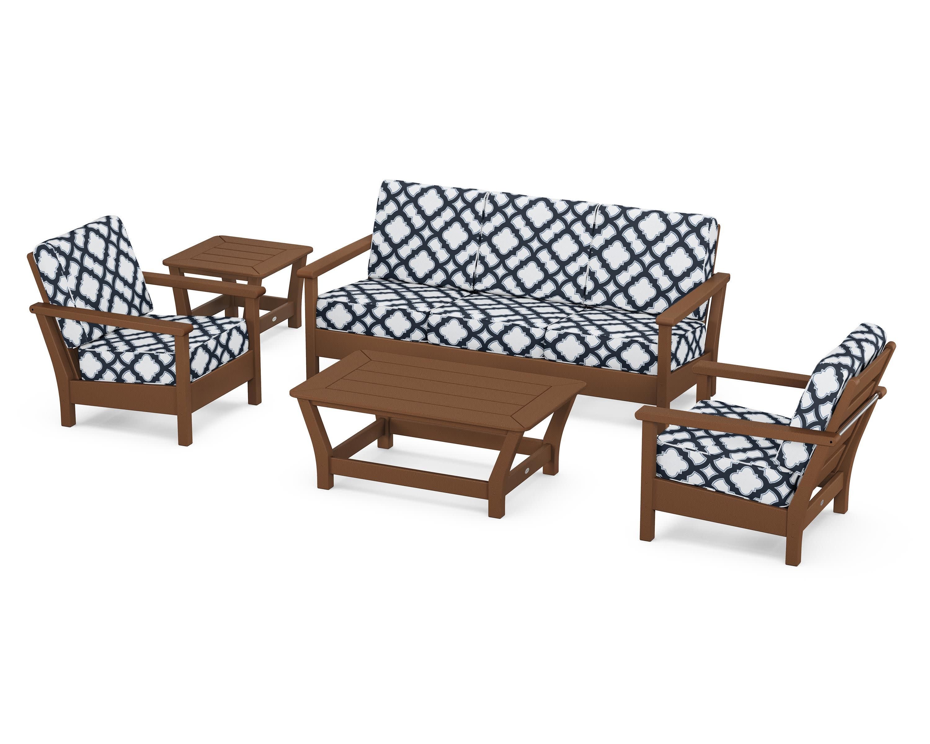 Harbour 5-Piece Deep Seating Set in Teak / Trellis Marine Indigo