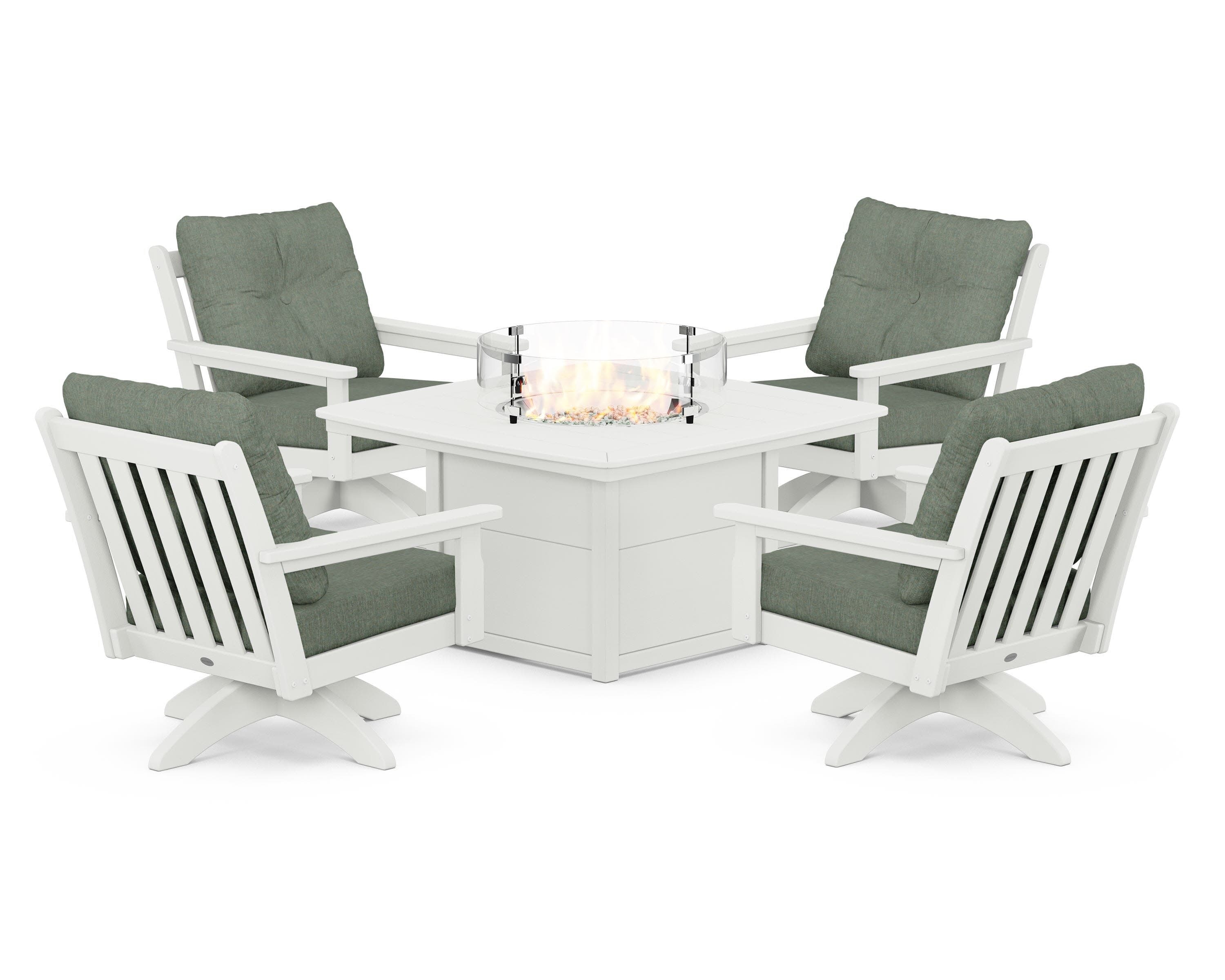 Vineyard 5-Piece Deep Seating Swivel Conversation Set with Fire Pit Table in Vintage White / Cast Sage